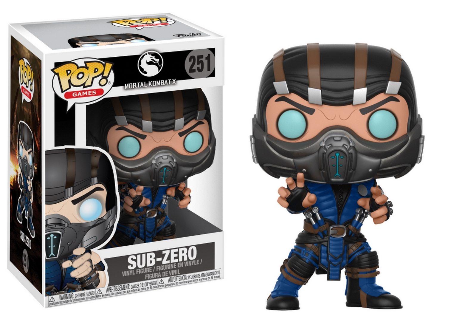 Figurka Funko Pop Sub-Zero w pudełku i poza nim. Kolory niebieski i czarny.