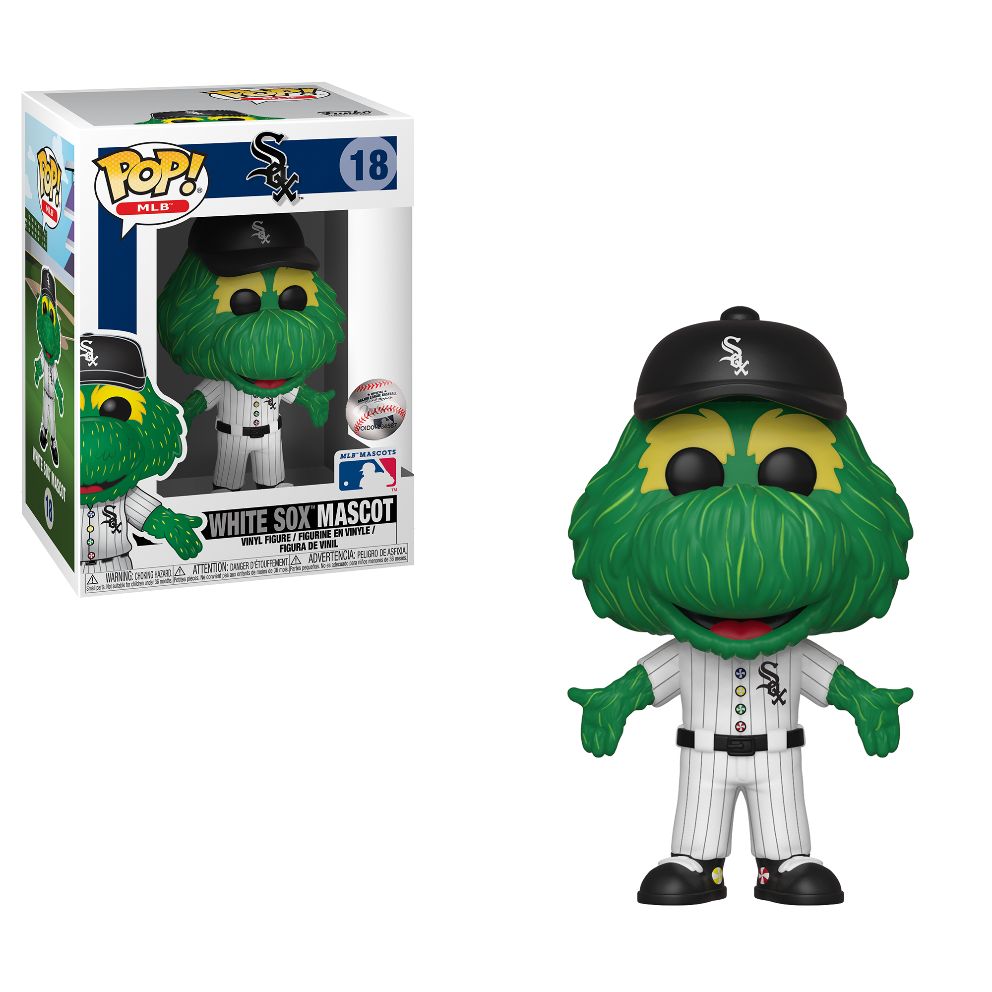 White Sox Maskottchen Figur in Box. Maskottchen trägt Baseball-Uniform.