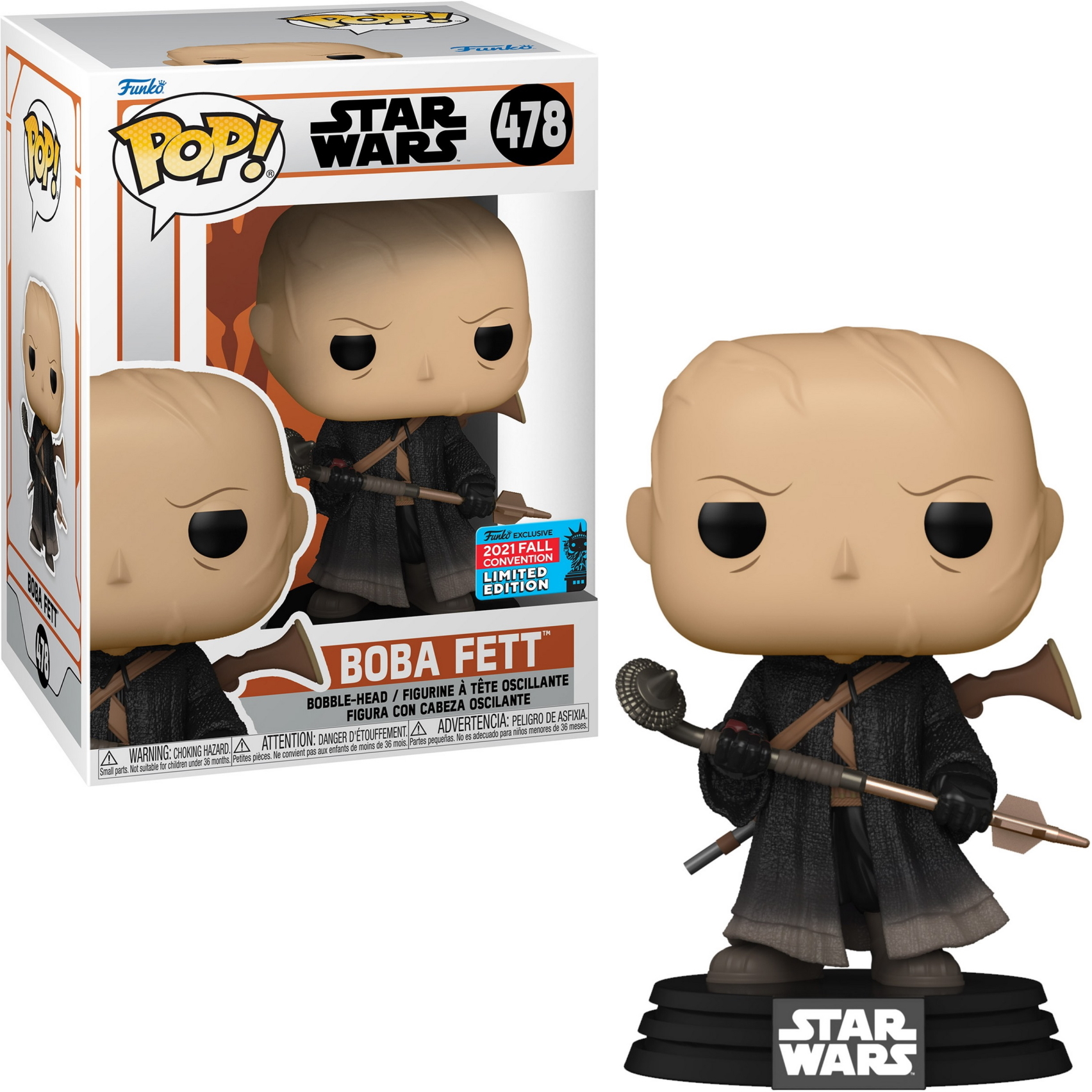 Figurka Funko Pop Boba Fett z pudełkiem. Figurka stoi na czarnej podstawie.