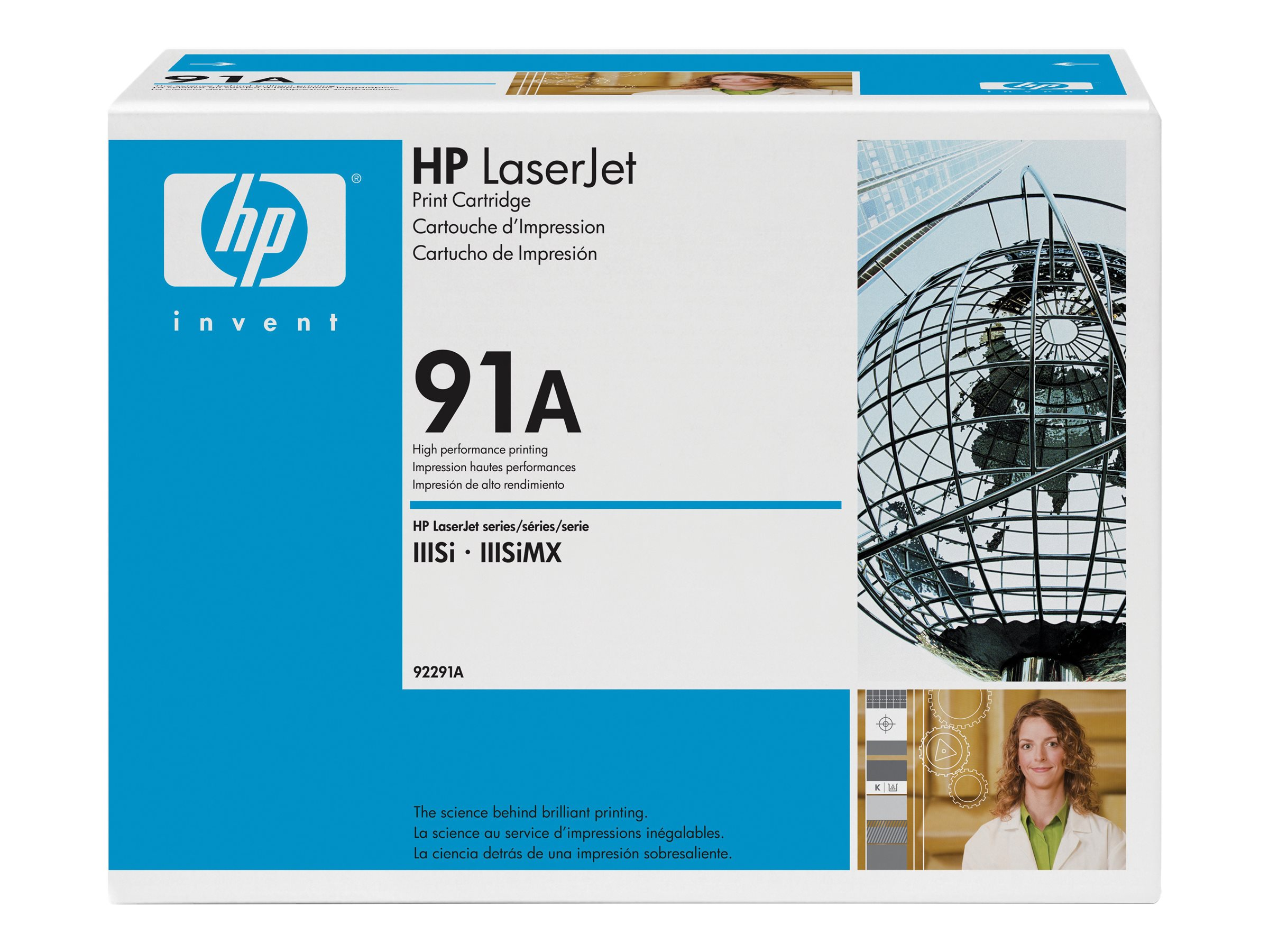 Scatola cartuccia stampa HP LaserJet 91A, bianca e blu. Grafica globo e donna.