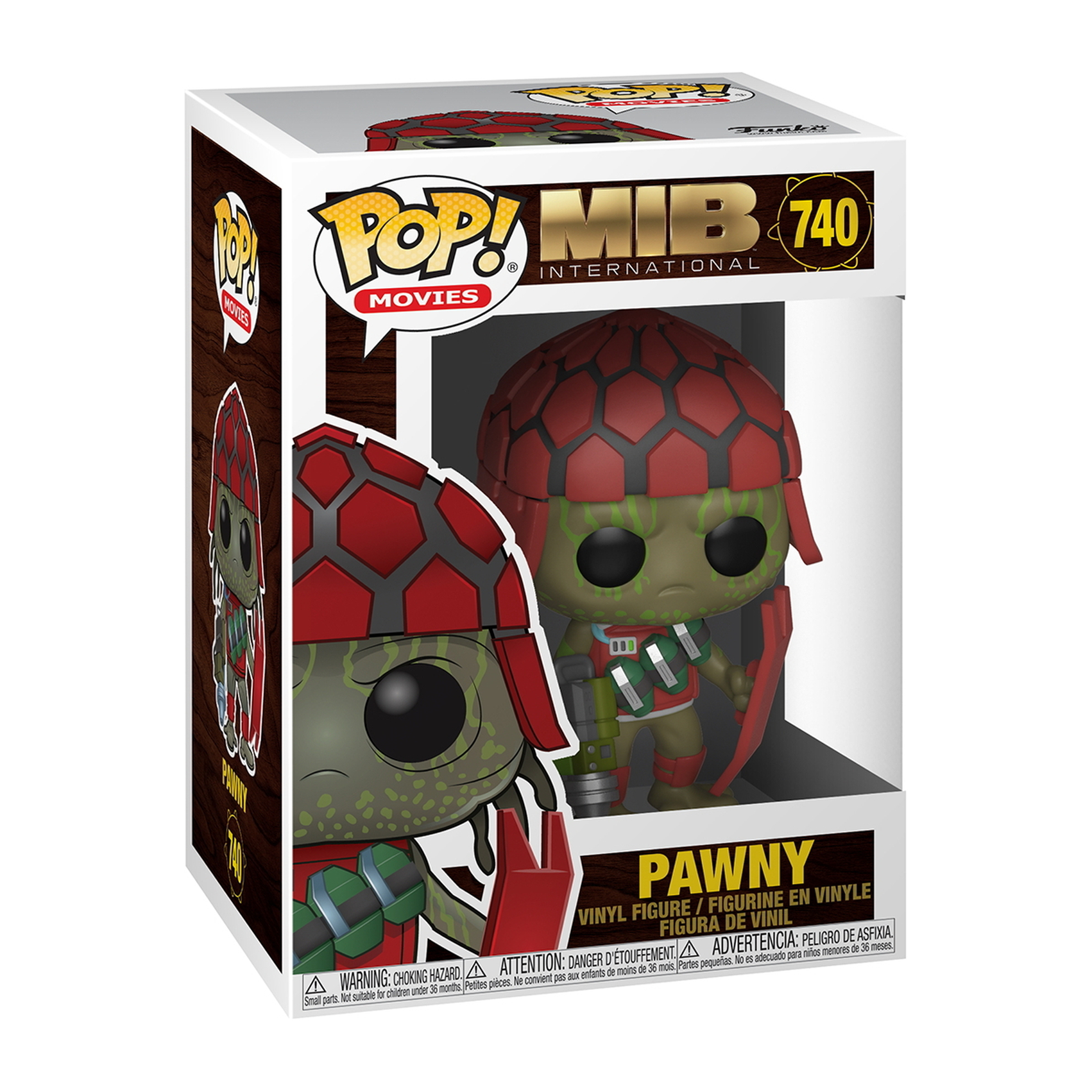 Pawny Figur in Box. Grün gehäutete Figur mit rotem Helm, hält Waffe und Schild.