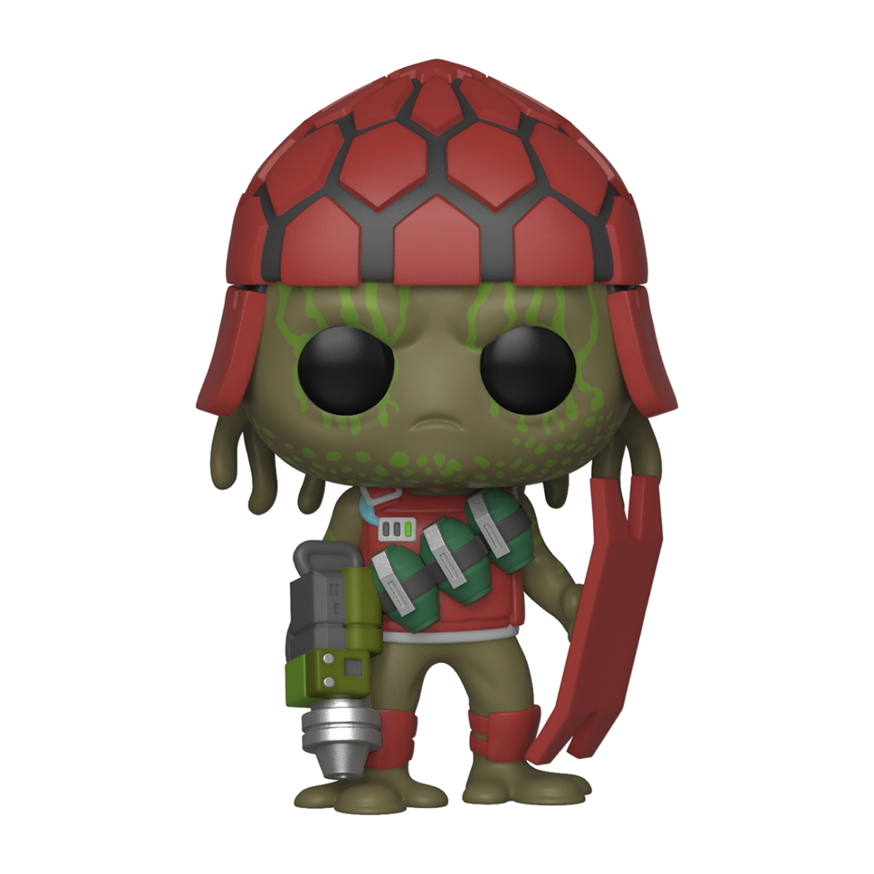 Eine Funko Pop Figur eines rot-behelmten Aliens. Der Alien hält eine Waffe und trägt eine Weste.