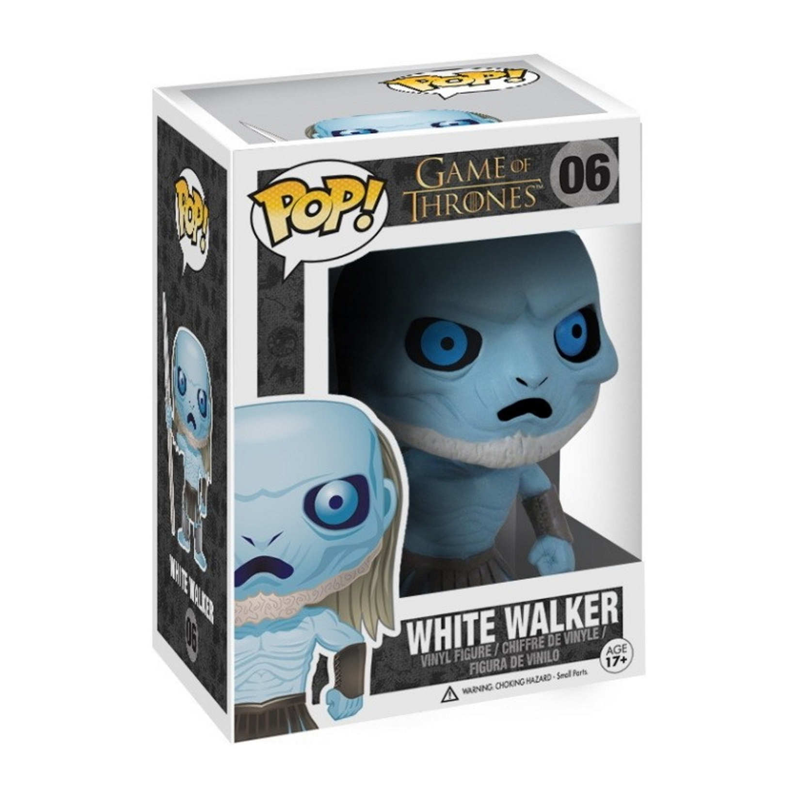 Figura di White Walker in una scatola. La figura ha pelle e occhi blu.