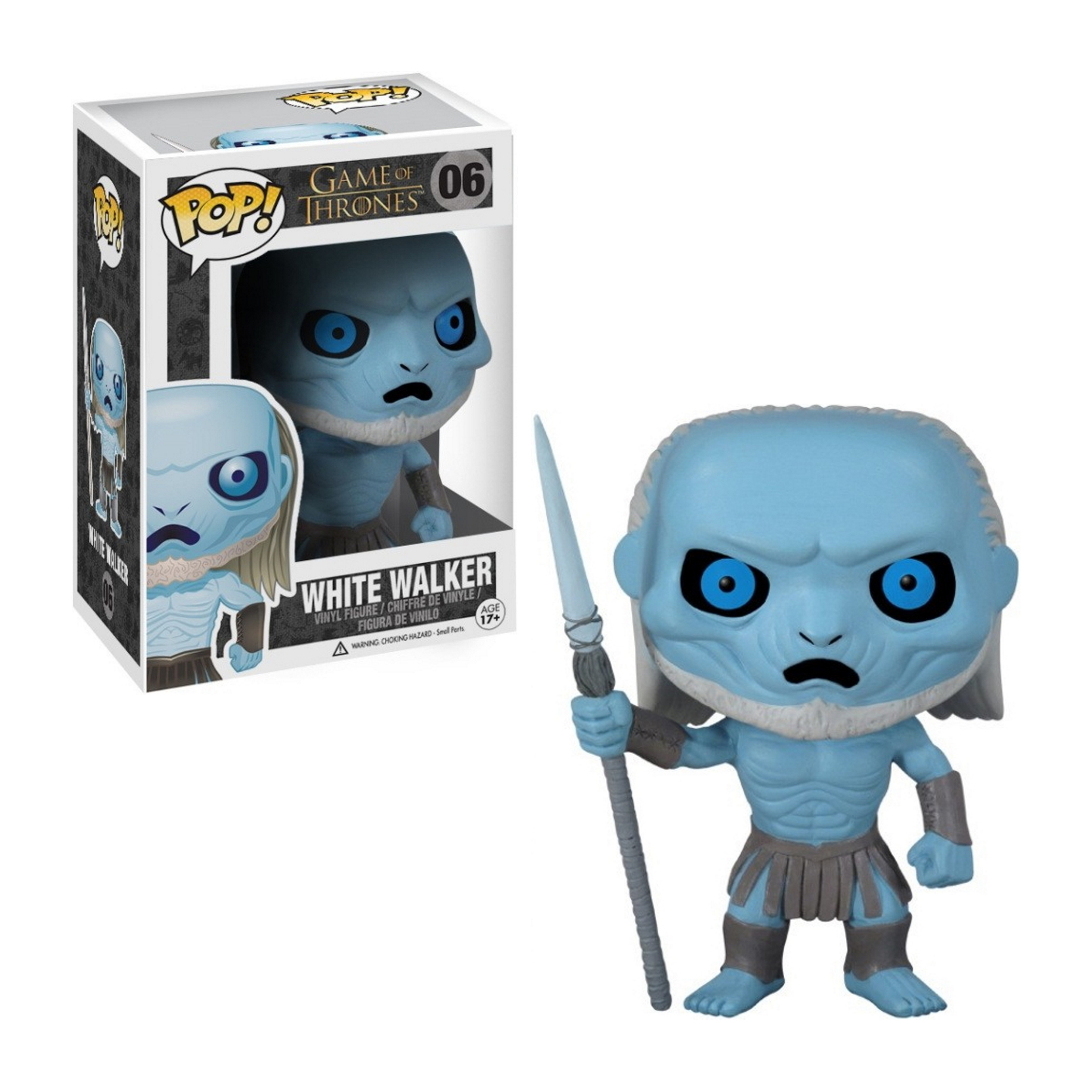 Figurina di White Walker con scatola. Figura con la pelle blu con lancia e capelli grigi.