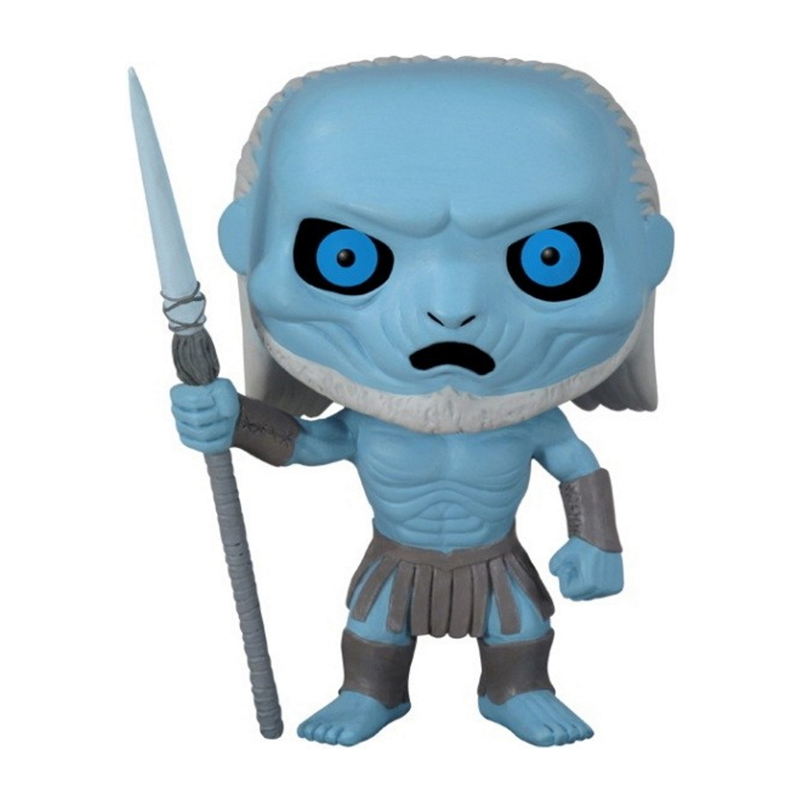 Figura di White Walker con lancia. Pelle e occhi blu. Abbigliamento grigio e blu.