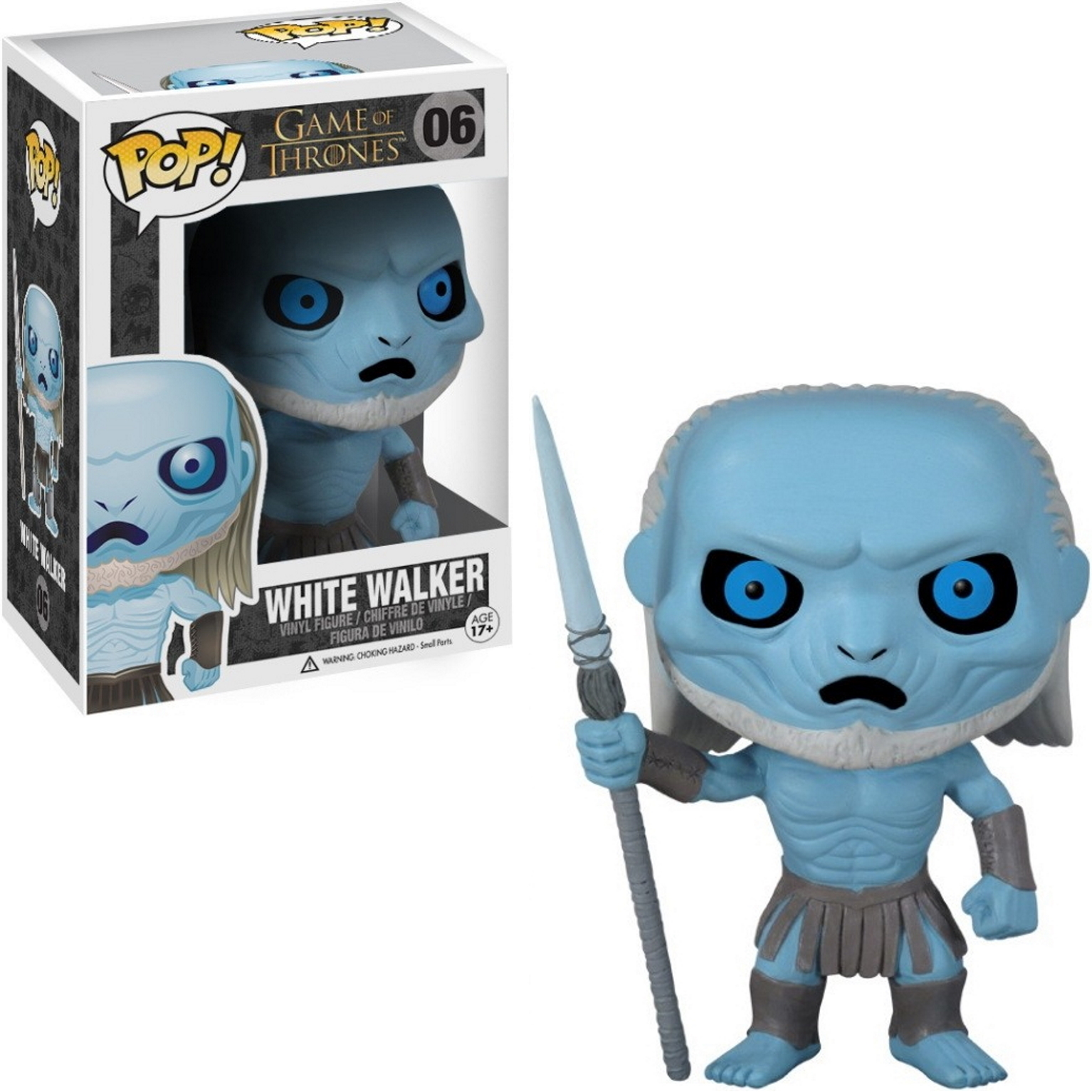Figurina di White Walker con scatola. Figura con la pelle blu con lancia, armatura e capelli grigi.