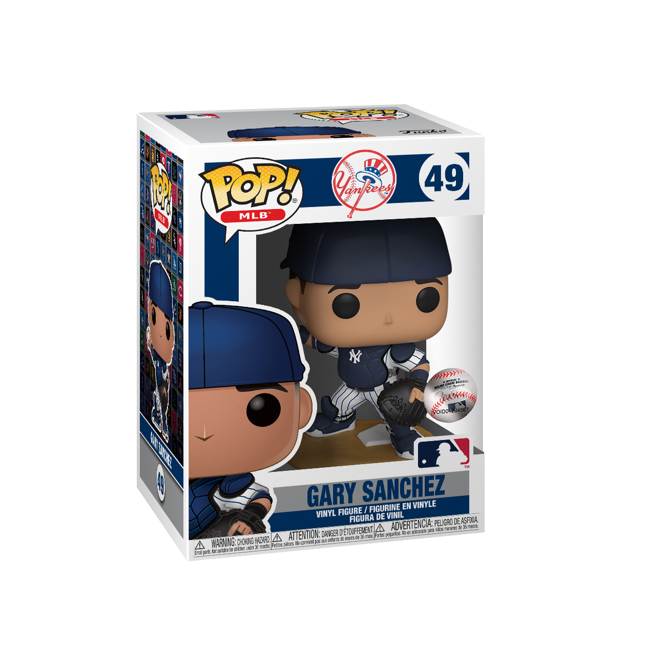 Figura de Gary Sánchez en una caja. La figura lleva un uniforme de los Yankees.