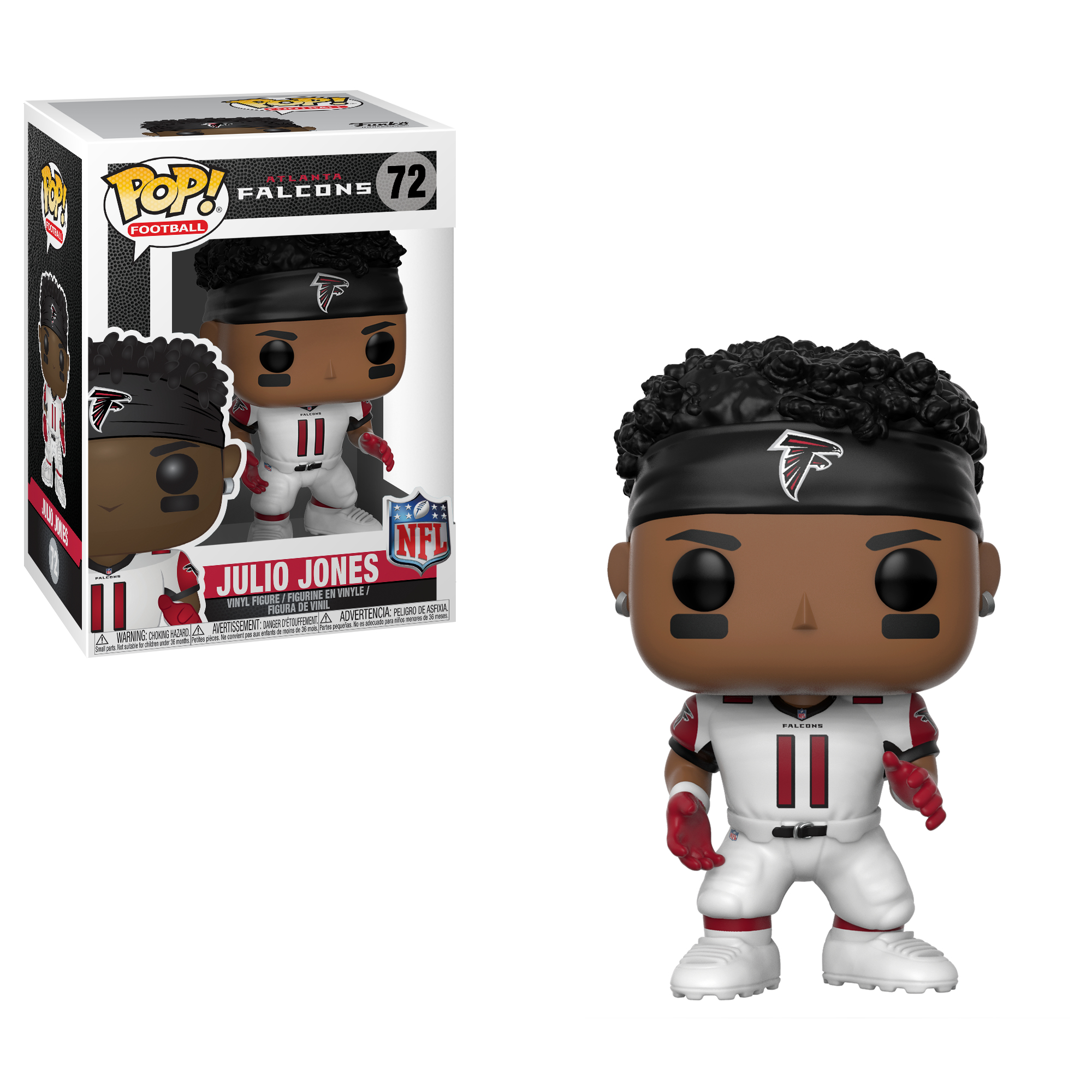 Figura di Julio Jones Funko Pop, con l'uniforme degli Atlanta Falcons. Versione in scatola esposta.