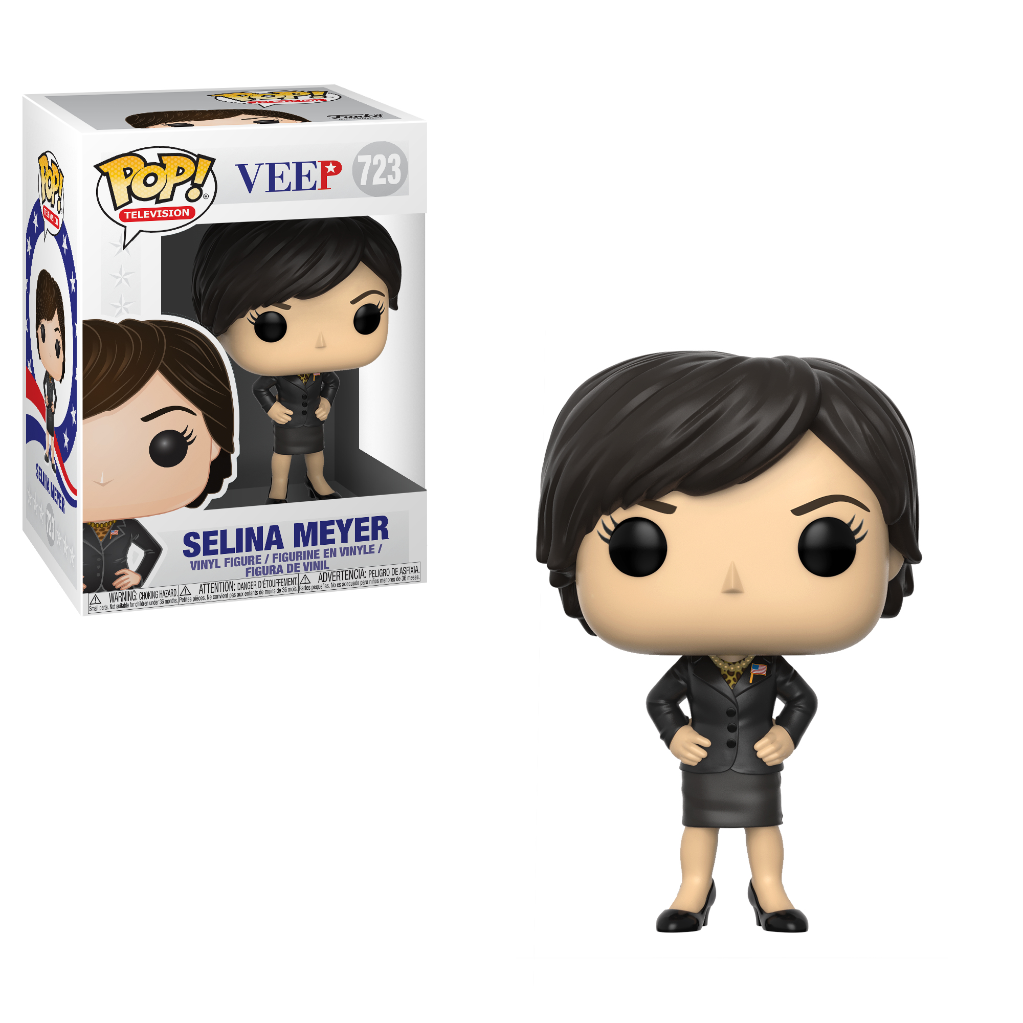 Statuetta di Selina Meyer in abito nero. Personaggio Veep in scatola su sfondo bianco.