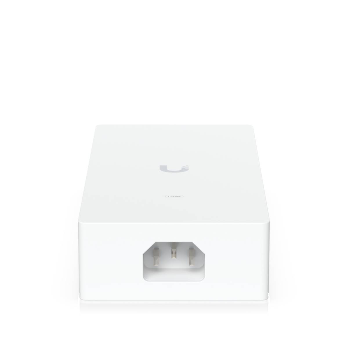 Biały zasilacz z gniazdem, logo znajduje się na górze. Ma kształt prostokąta.