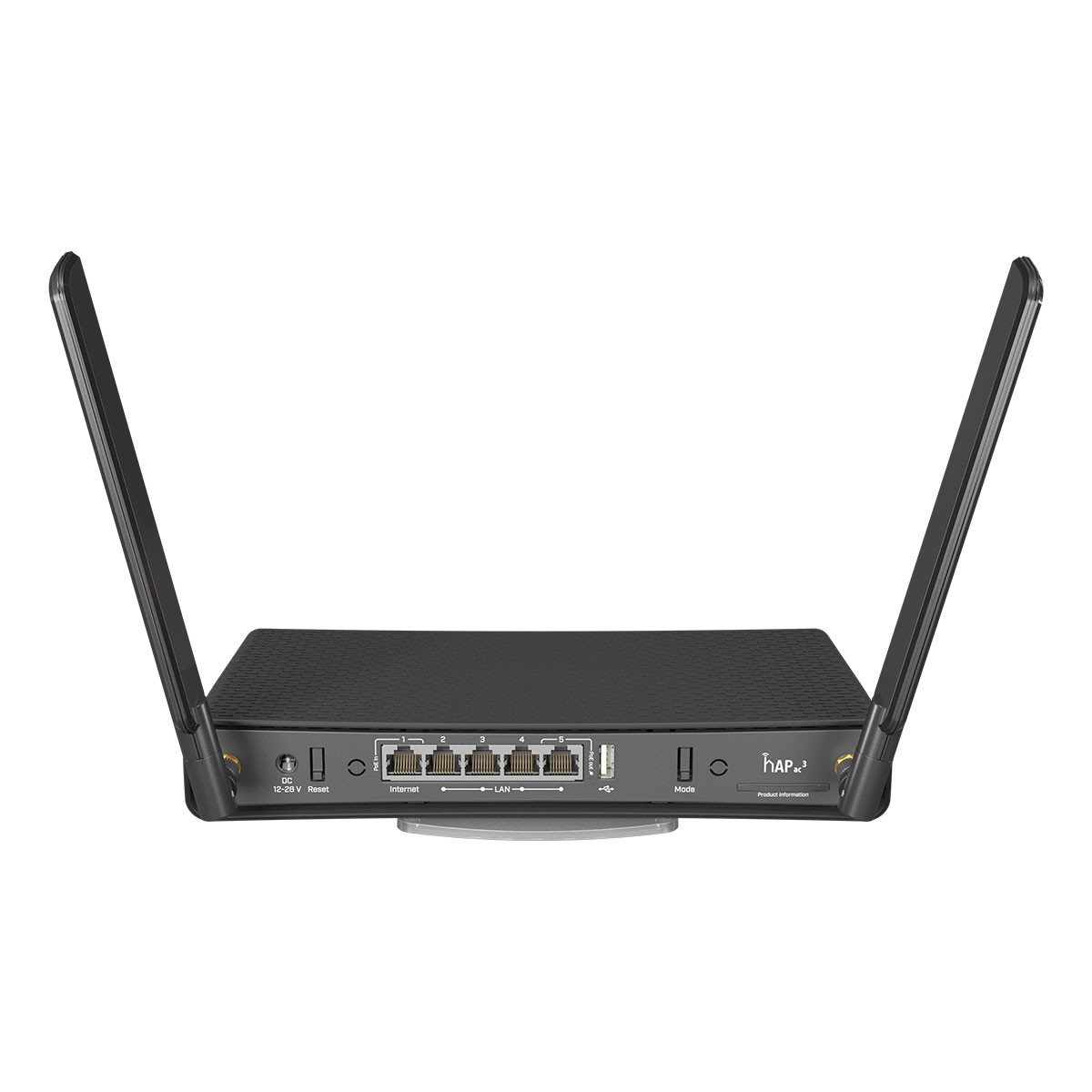 Czarny router z dwiema antenami. Porty dla internetu, LAN i USB. Białe tło.