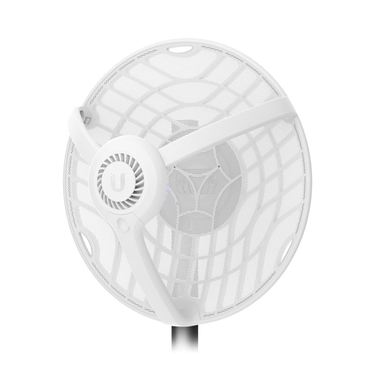Un'antenna di rete bianca di forma circolare e un logo a forma di U. È su un palo nero.