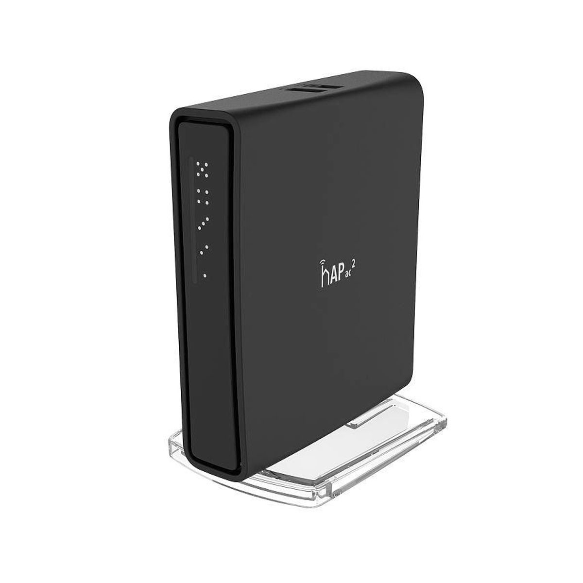 Czarny router na przezroczystym plastikowym stojaku. Router ma światła i tekst "hAP²".