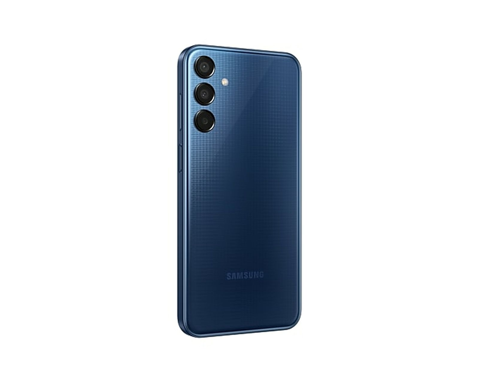 Teléfono Samsung azul, vista trasera, con tres cámaras traseras, sobre fondo blanco.