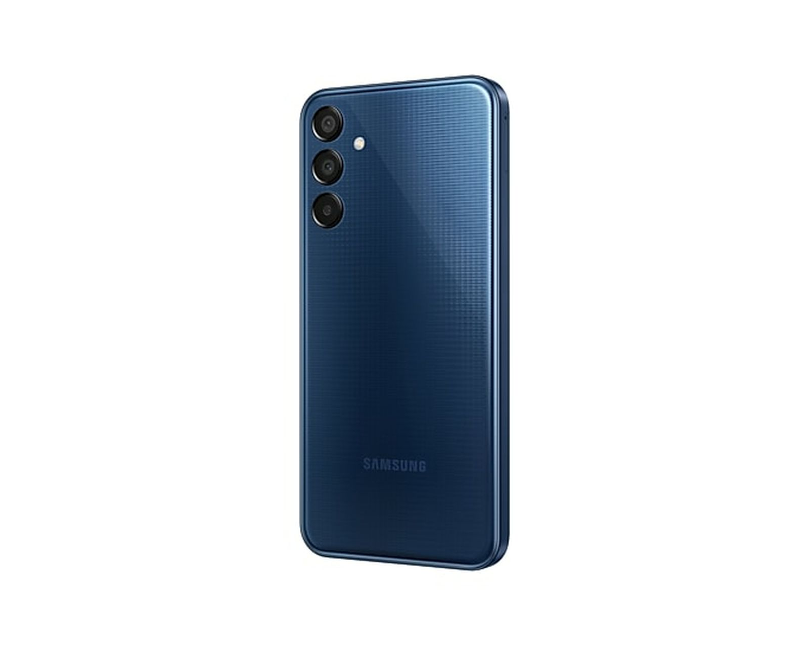Parte trasera de smartphone azul. Tres cámaras y un flash arriba a la izquierda. 'SAMSUNG' abajo.