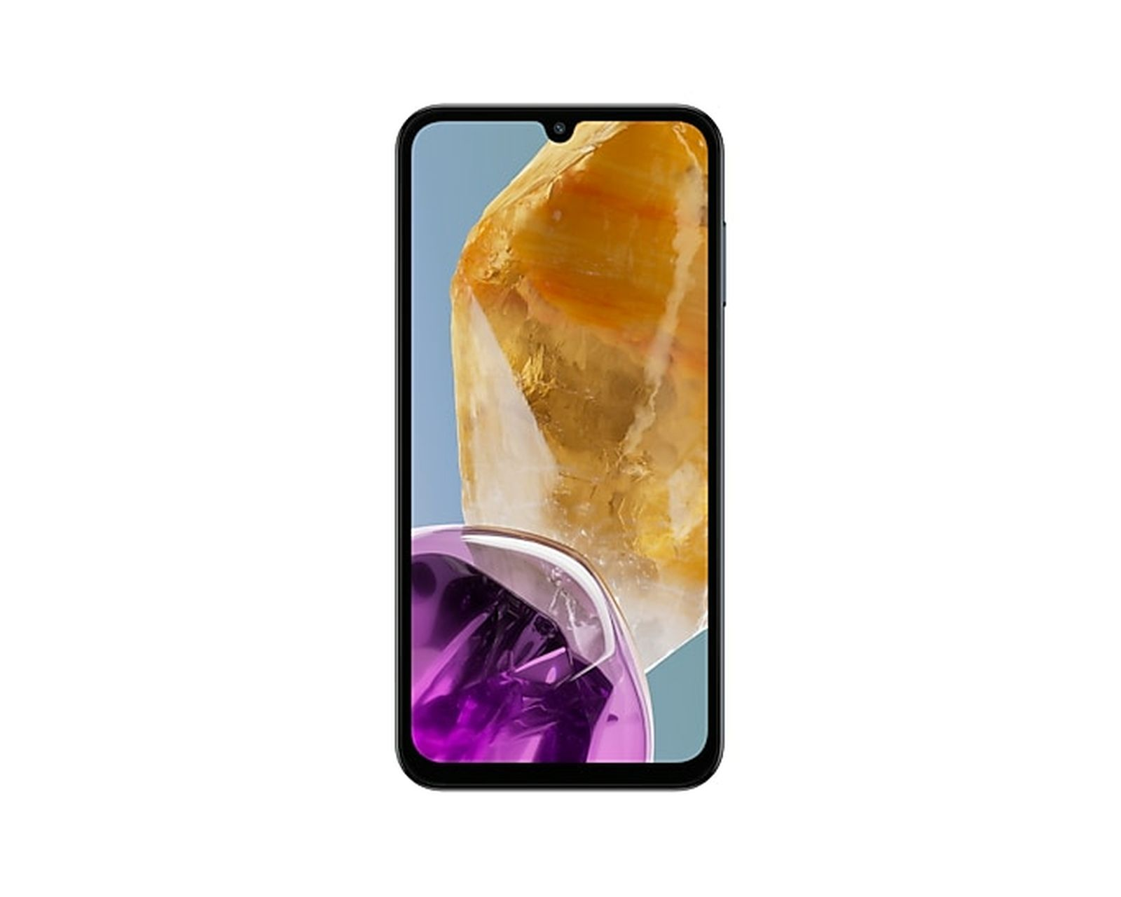 Pantalla de smartphone con diseño abstracto amarillo y morado sobre fondo blanco.