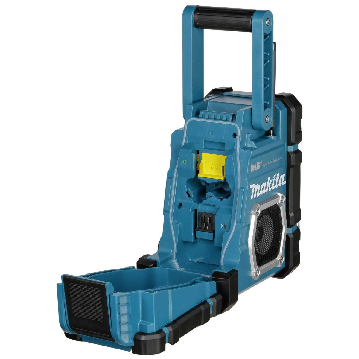 Radio da lavoro Makita blu con maniglia e altoparlante.