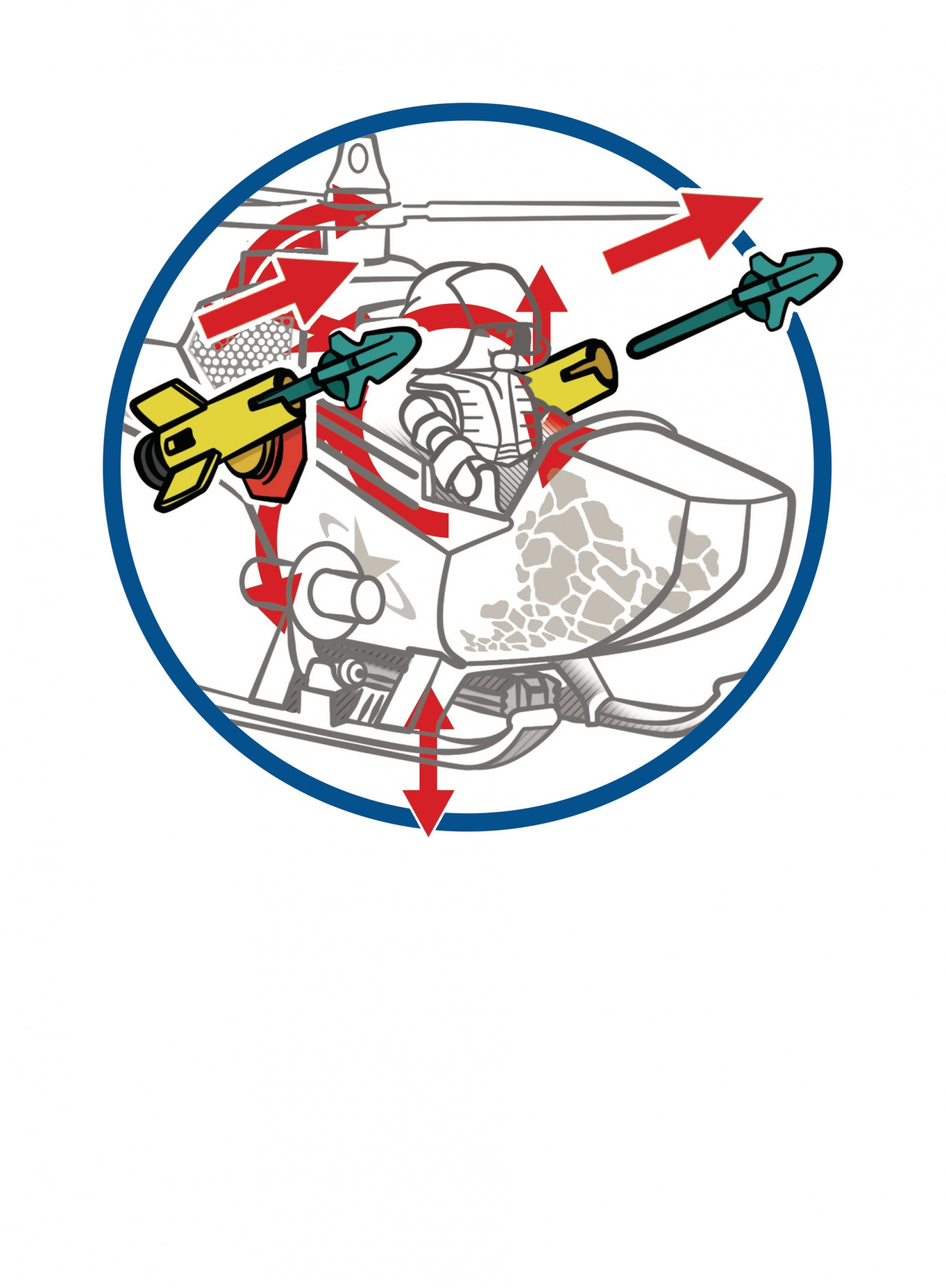 Schemat pojazdu ze strzałkami wskazującymi przepływ rakiet i innych elementów.