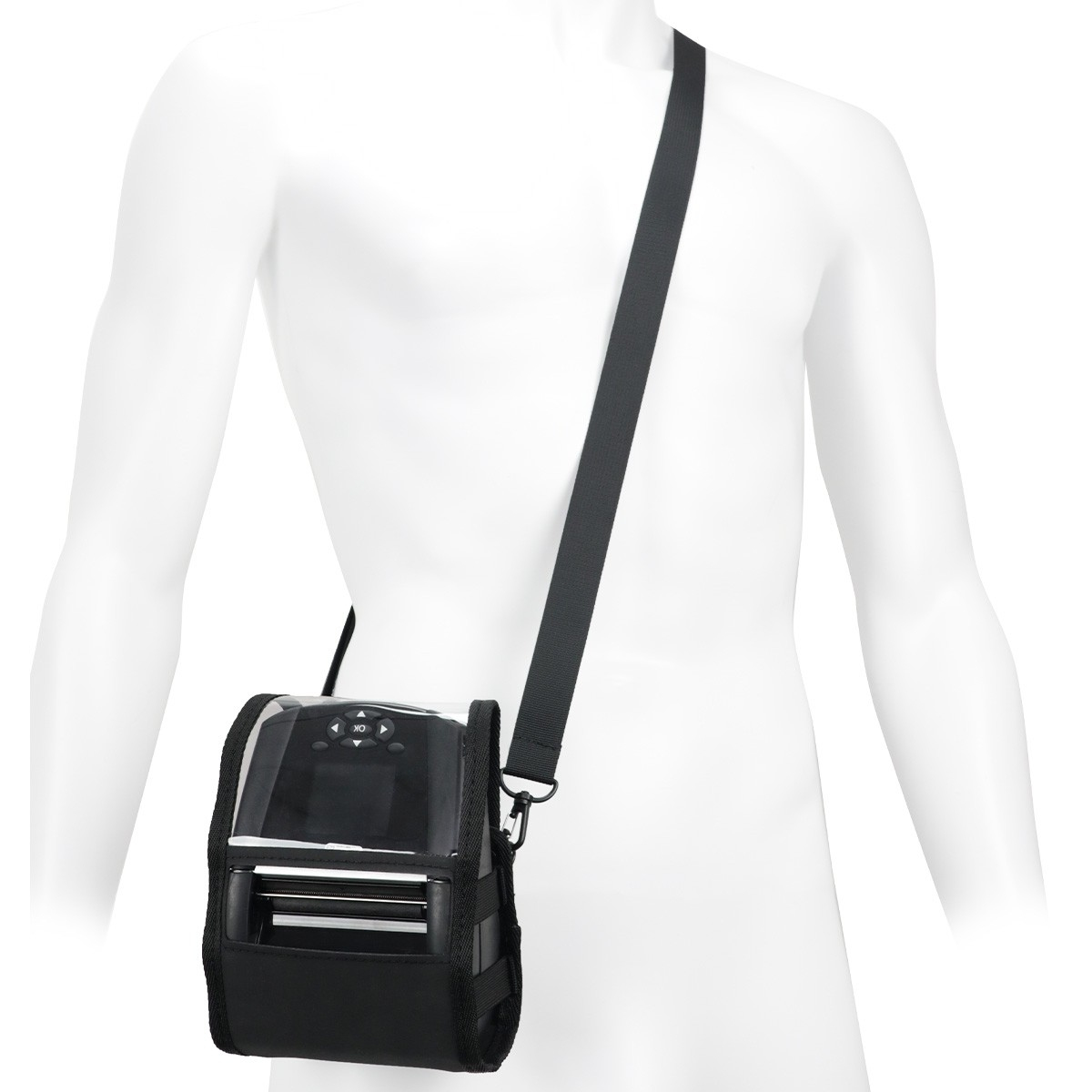 Osoba nosząca torbę do drukarki z paskiem, czarna i przezroczysta, białe tło.