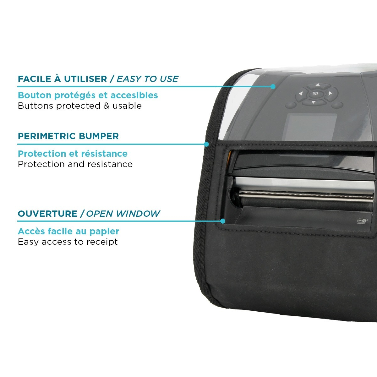 Torba do drukarki z etykietami, tekstem i przezroczystym panelem, na białym tle.