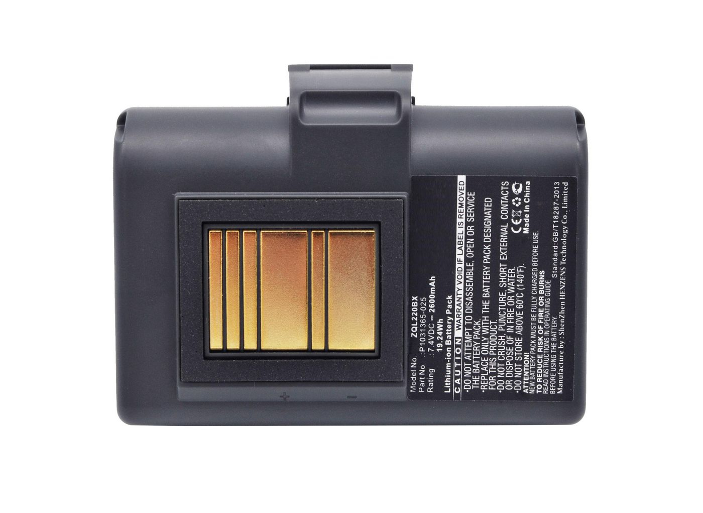 Pacco batteria rettangolare nero con contatti dorati, etichettato con specifiche.