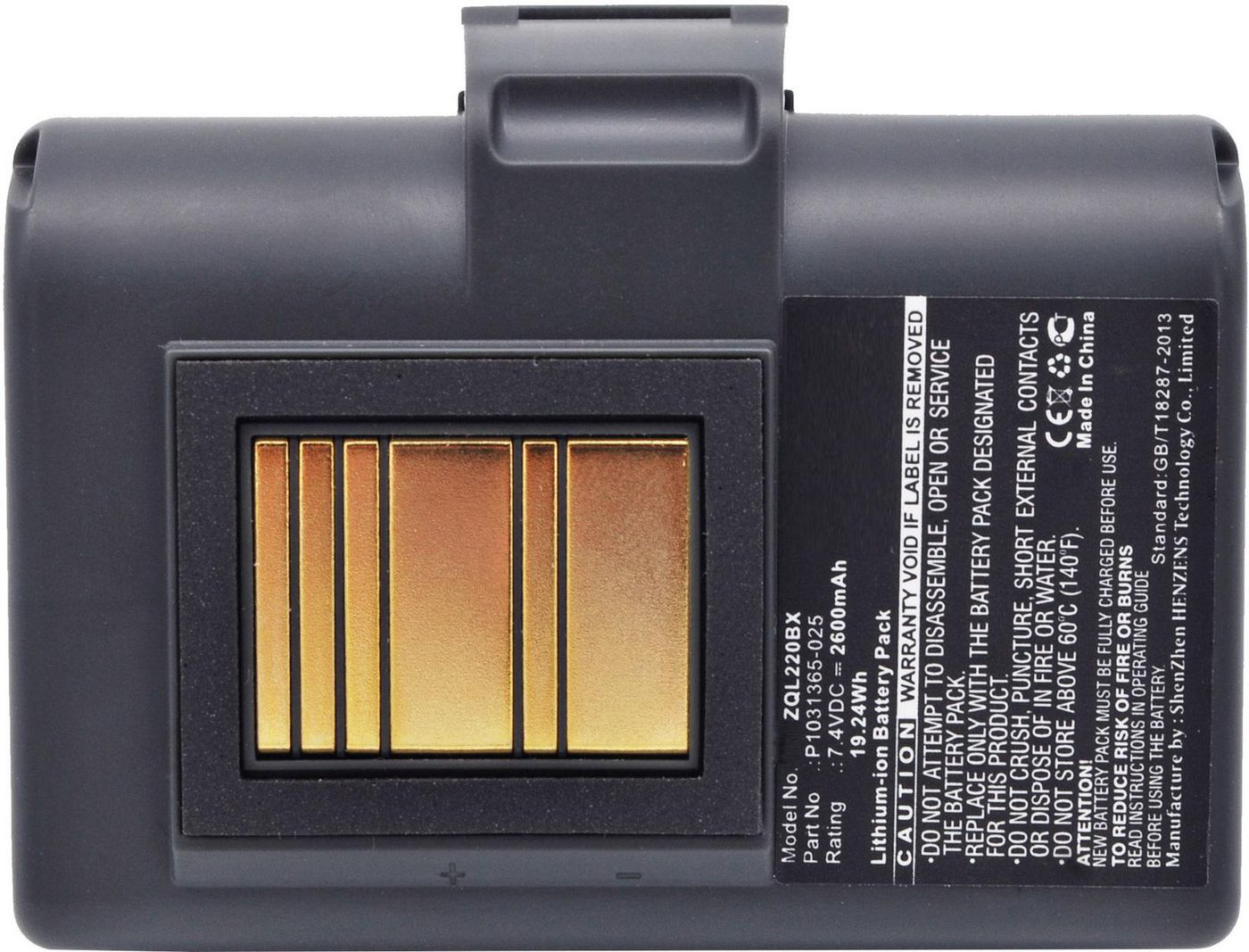 Un pacco batteria rettangolare nero con un connettore dorato, su sfondo bianco. Contiene testo.