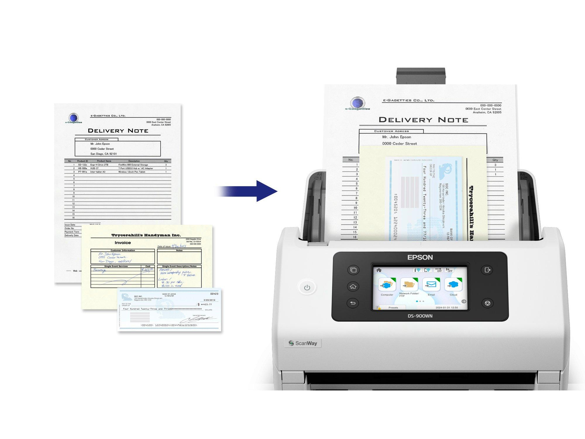 Scanner Epson che scansiona documenti, con fatture e assegni a sinistra e una bolla di consegna.