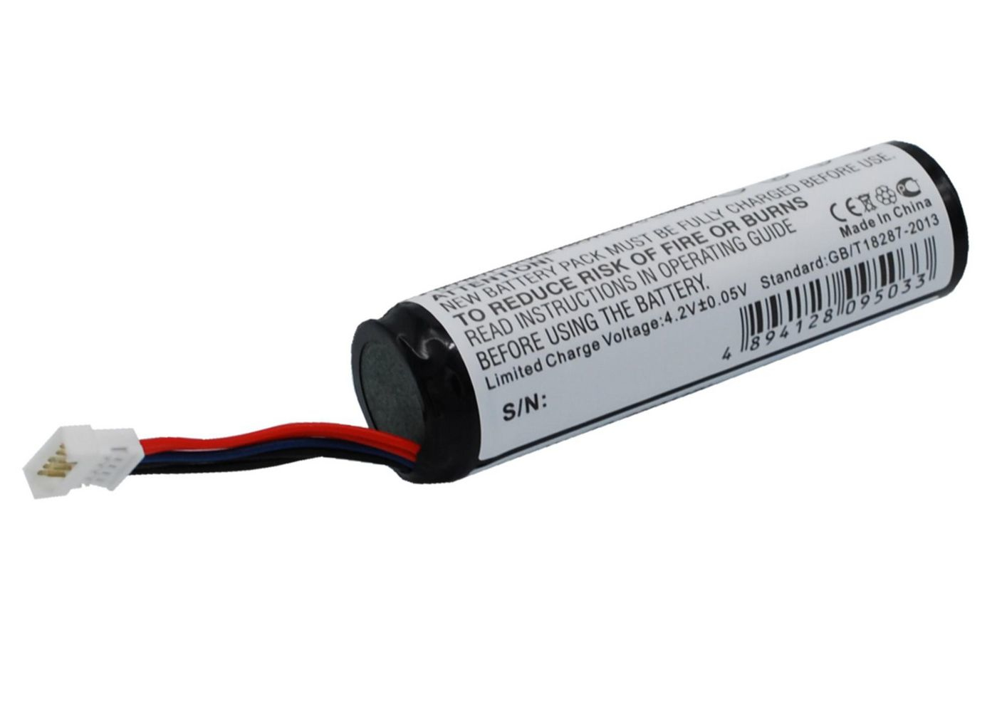 Pacco batteria con testo ed etichette. Mostra un'etichetta bianca su un cilindro nero.