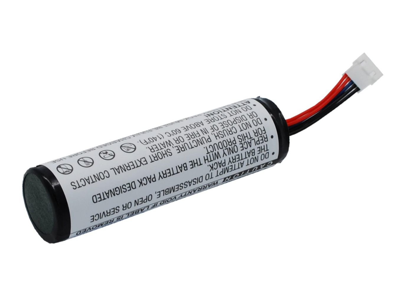 Pacco batteria cilindrico con etichette di testo e fili, su sfondo bianco.
