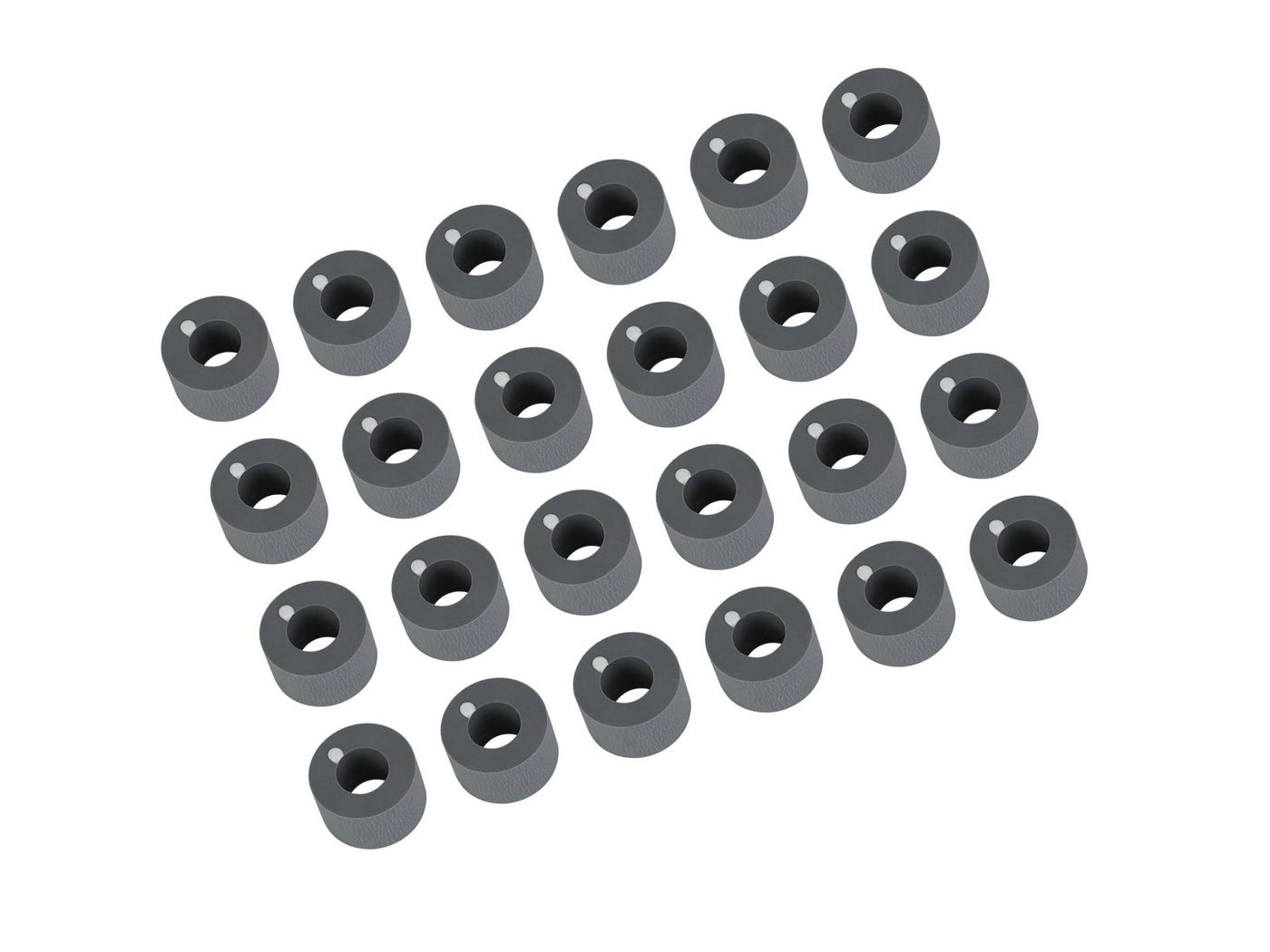 Grupa 24 małych, szarych, cylindrycznych rolek ułożonych na białym tle.