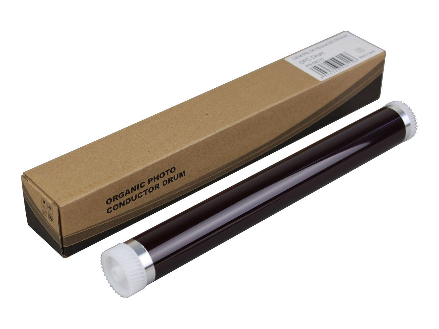 Bęben organiczny foto przewodnika drukarki z brązowym wykończeniem i pudełkiem, na białym tle.