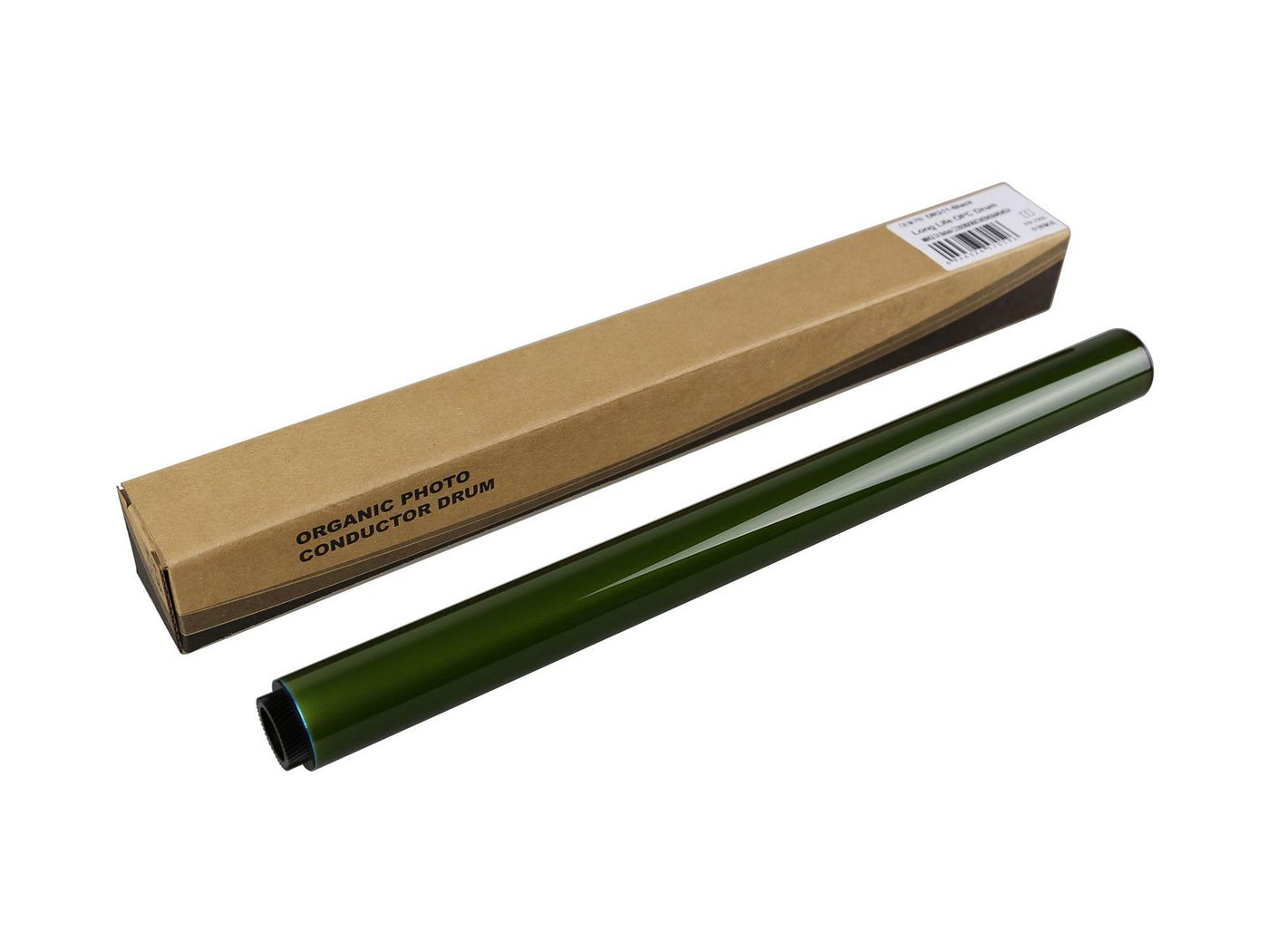 Organiczny bęben przewodnika foto i pudełko na białym tle. Bęben jest zielony.