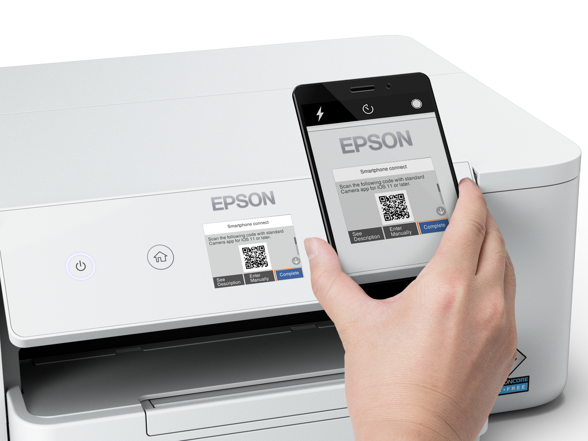 Una mano che usa uno smartphone per connettersi a una stampante Epson con un codice QR.