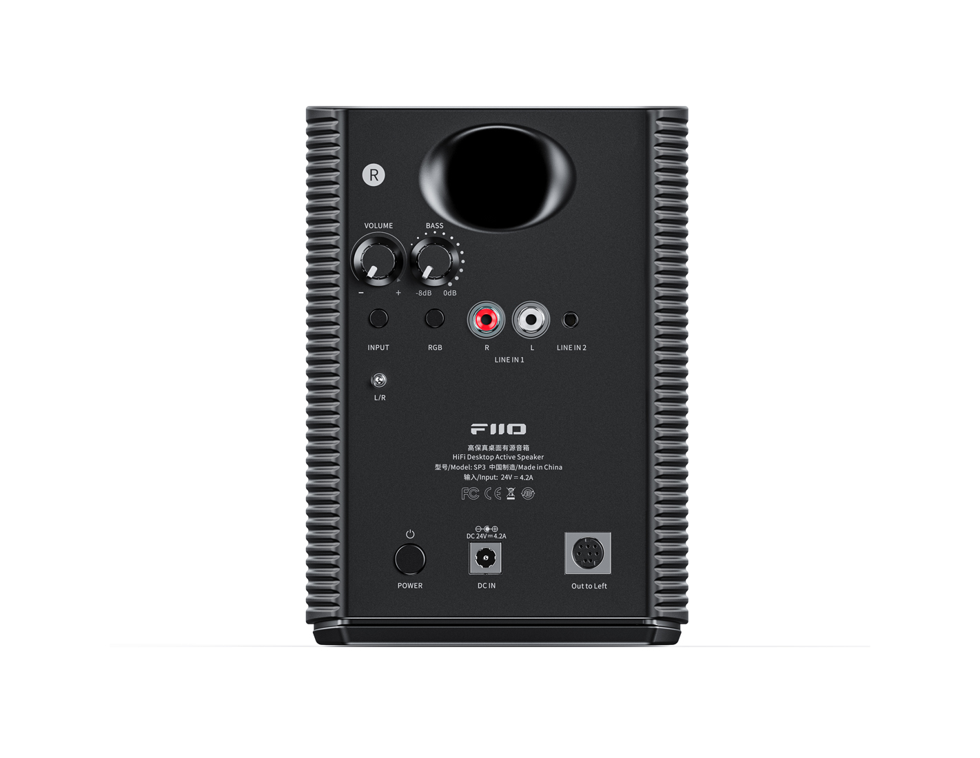 Retro di un altoparlante nero. Ha controlli volume, bassi e ingresso e porte per RCA, alimentazione e ingresso CC.