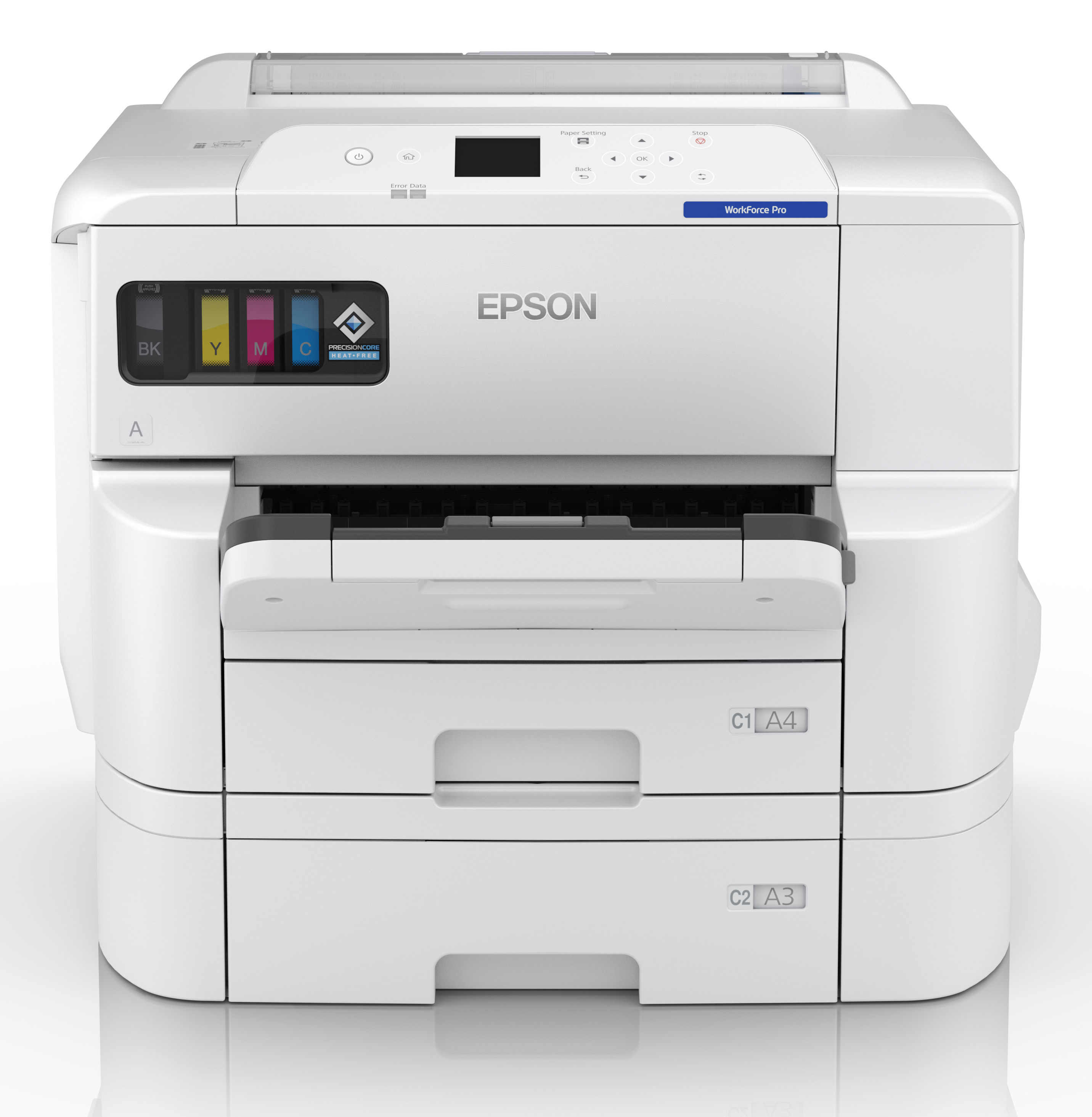 Biała drukarka Epson z podajnikami papieru. Widoczne są poziomy atramentu, a na górze napis Epson Workforce Pro.