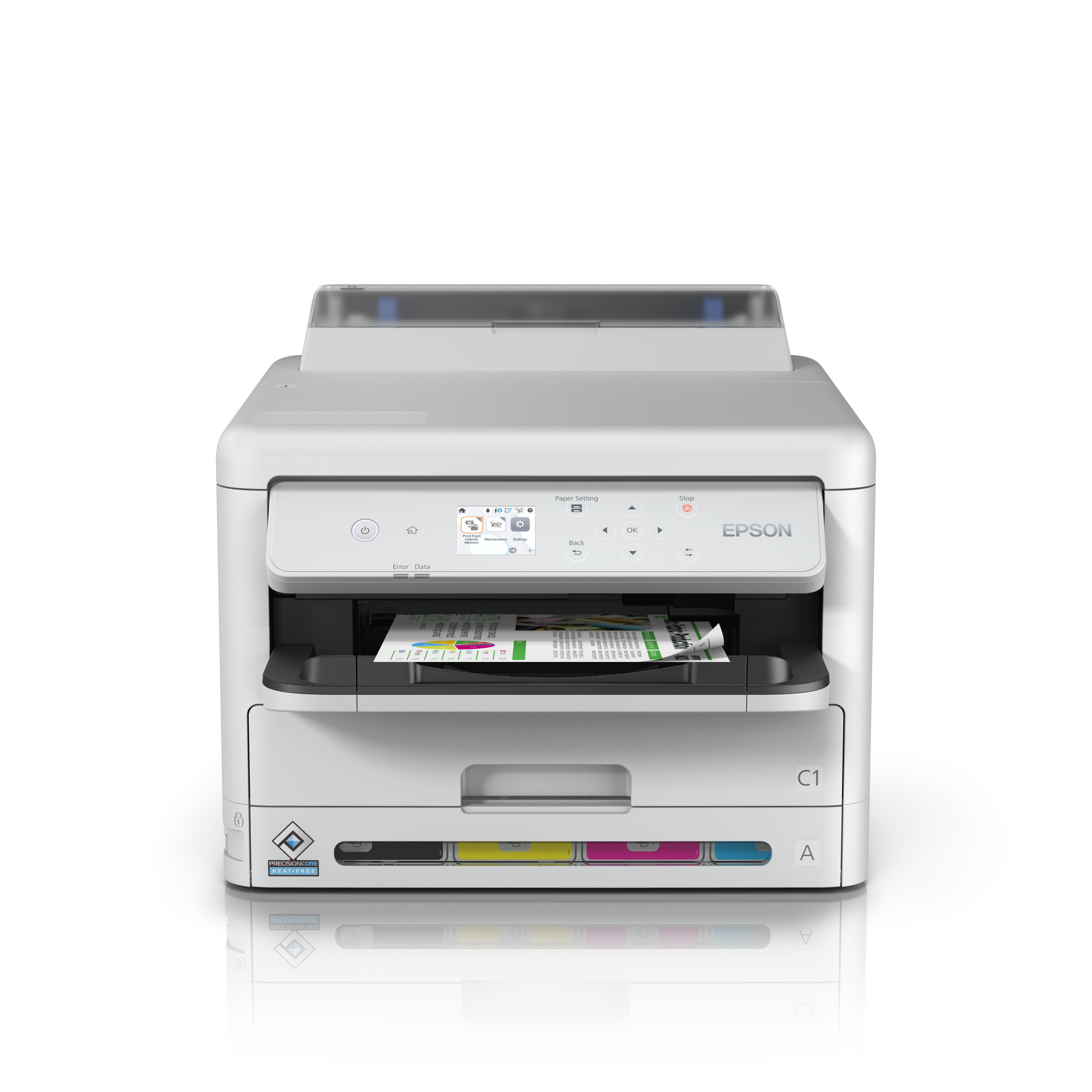 Stampante Epson bianca con uscita carta. Carta A4 stampata. Sfondo bianco.