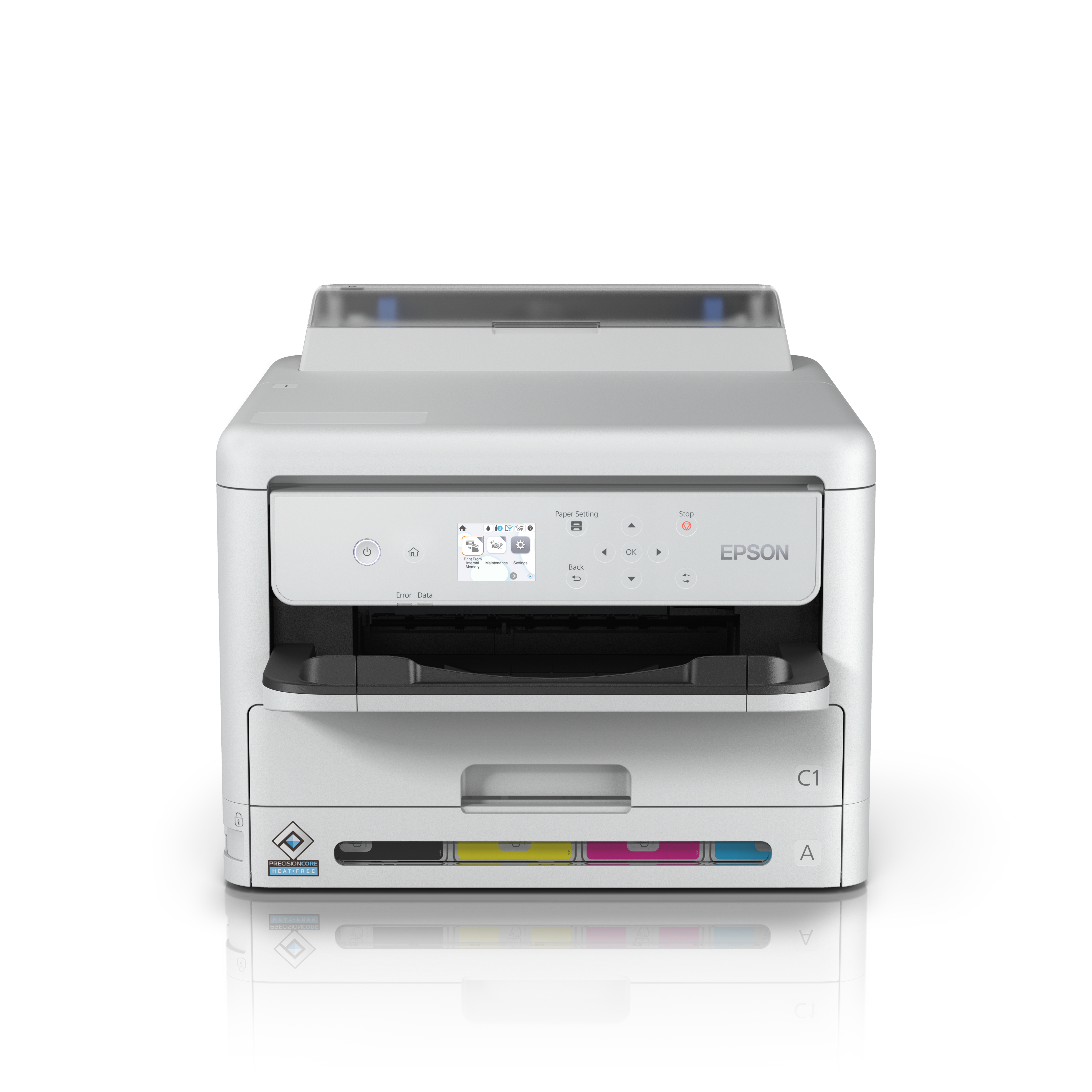 Stampante Epson bianca con pannello di controllo, vassoio carta e cartucce d'inchiostro a colori, su sfondo bianco.