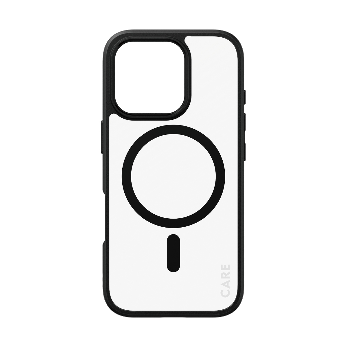 Bir telefon kılıfı. Siyah çerçeve, şeffaf arka ve eksi işareti olan beyaz bir daire.