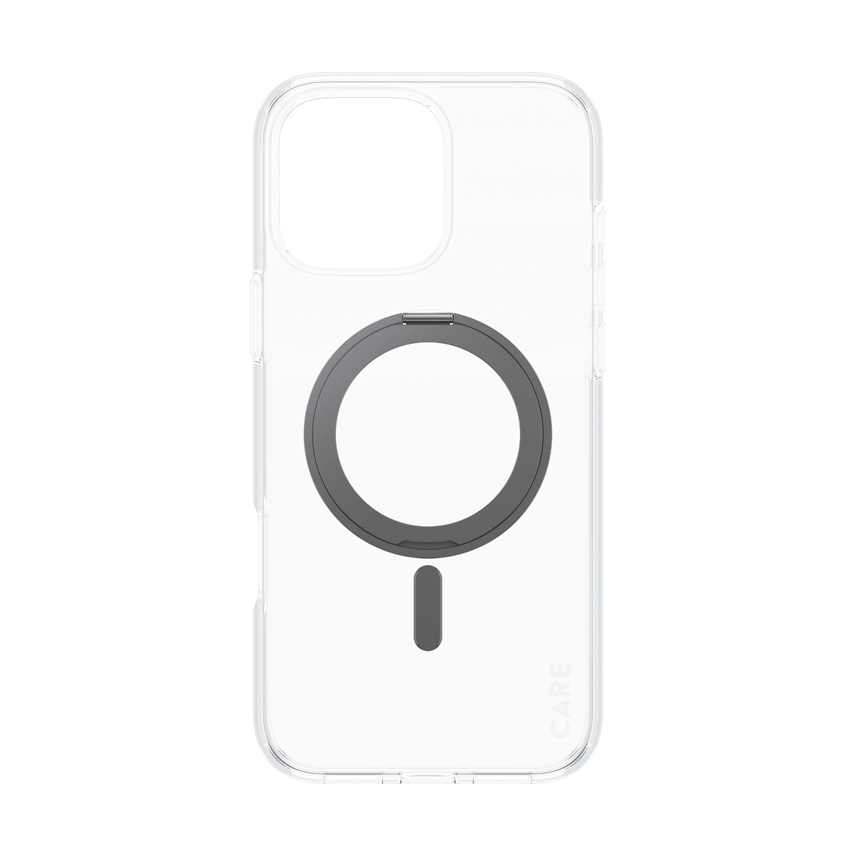 Koyu gri MagSafe dairesi ve küçük bir çizgiye sahip şeffaf iPhone kılıfı. Beyaz arka plan.