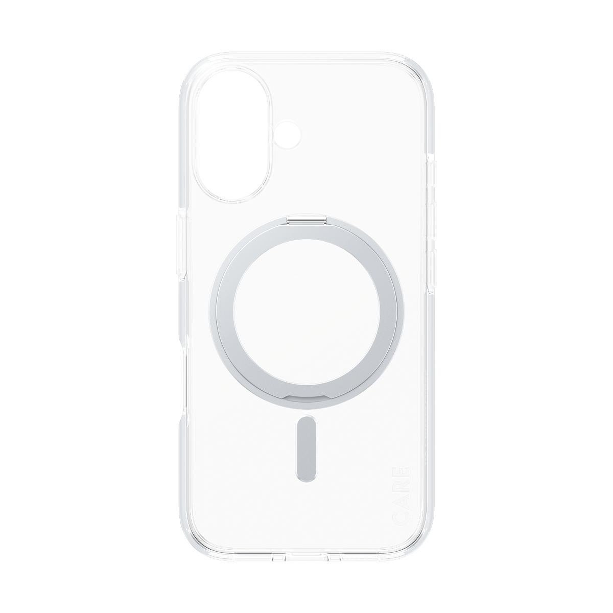 Gümüş MagSafe dairesi ve küçük bir çizgiye sahip şeffaf iPhone kılıfı. Beyaz arka plan.