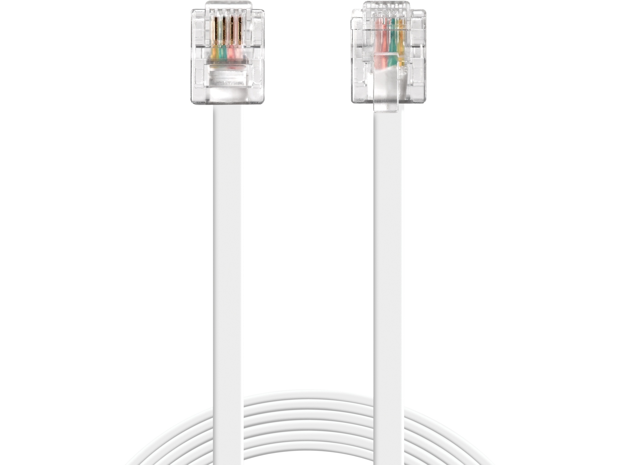 Due cavi telefonici bianchi con connettori trasparenti. Sfondo bianco.