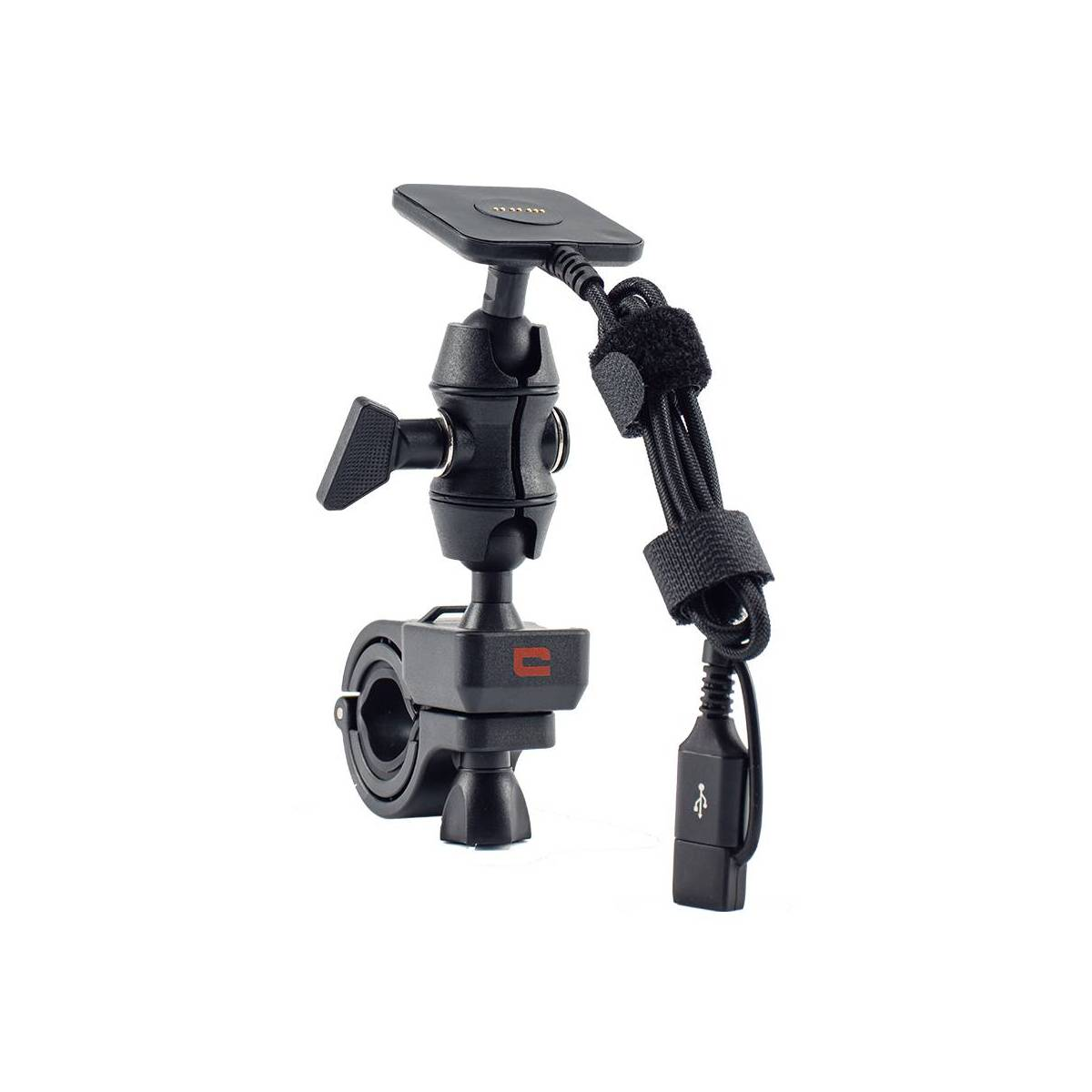 Soporte para teléfono negro con cable USB. Tiene una rótula y una abrazadera para bicicleta.