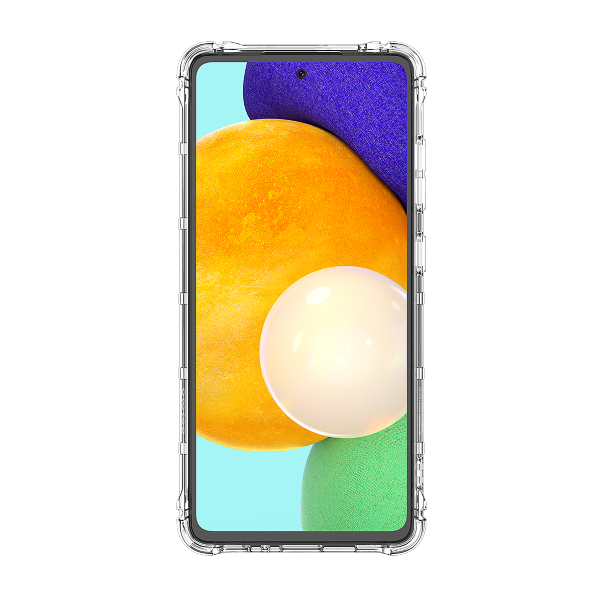 Una custodia trasparente su un telefono, con sfondo astratto colorato.