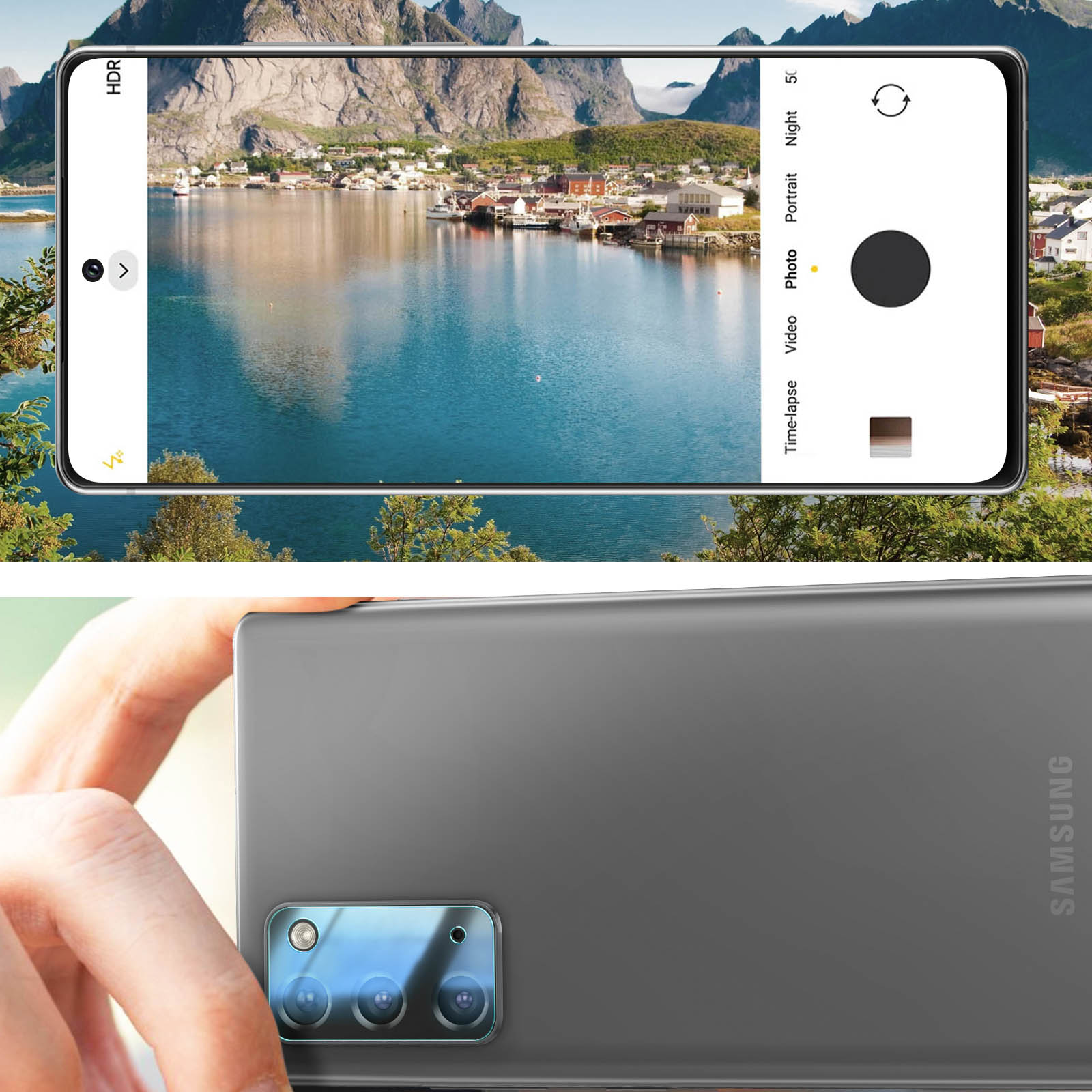 Telefoonscherm met een meer en bergen. Camera-interface op het scherm.
