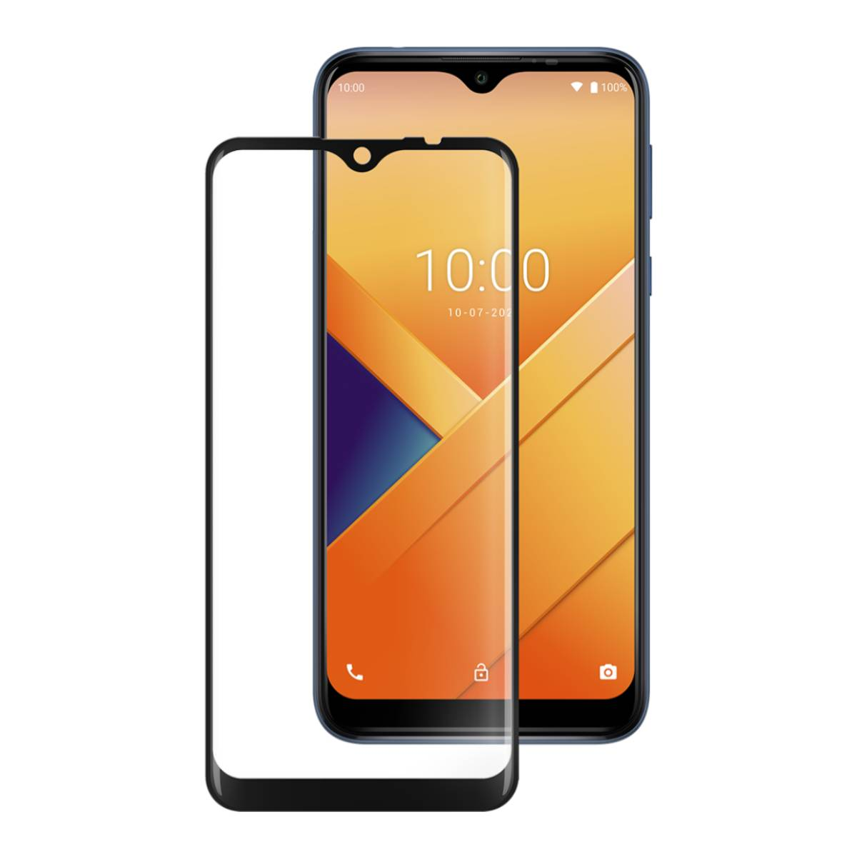Smartphone con protezione schermo, che mostra l'ora, e la protezione stessa, su sfondo bianco.