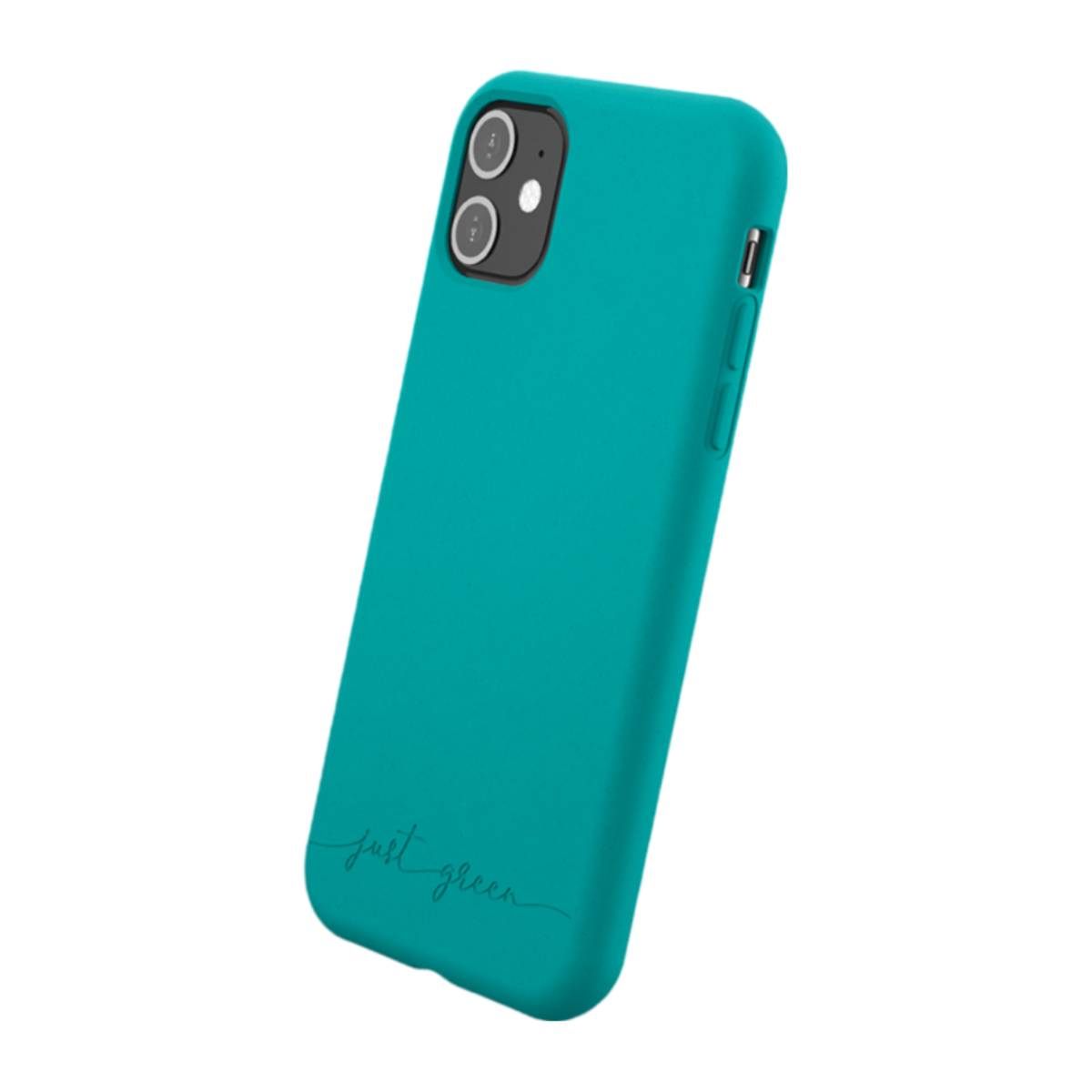 Custodia teal su un telefono. Logo Just green in basso.