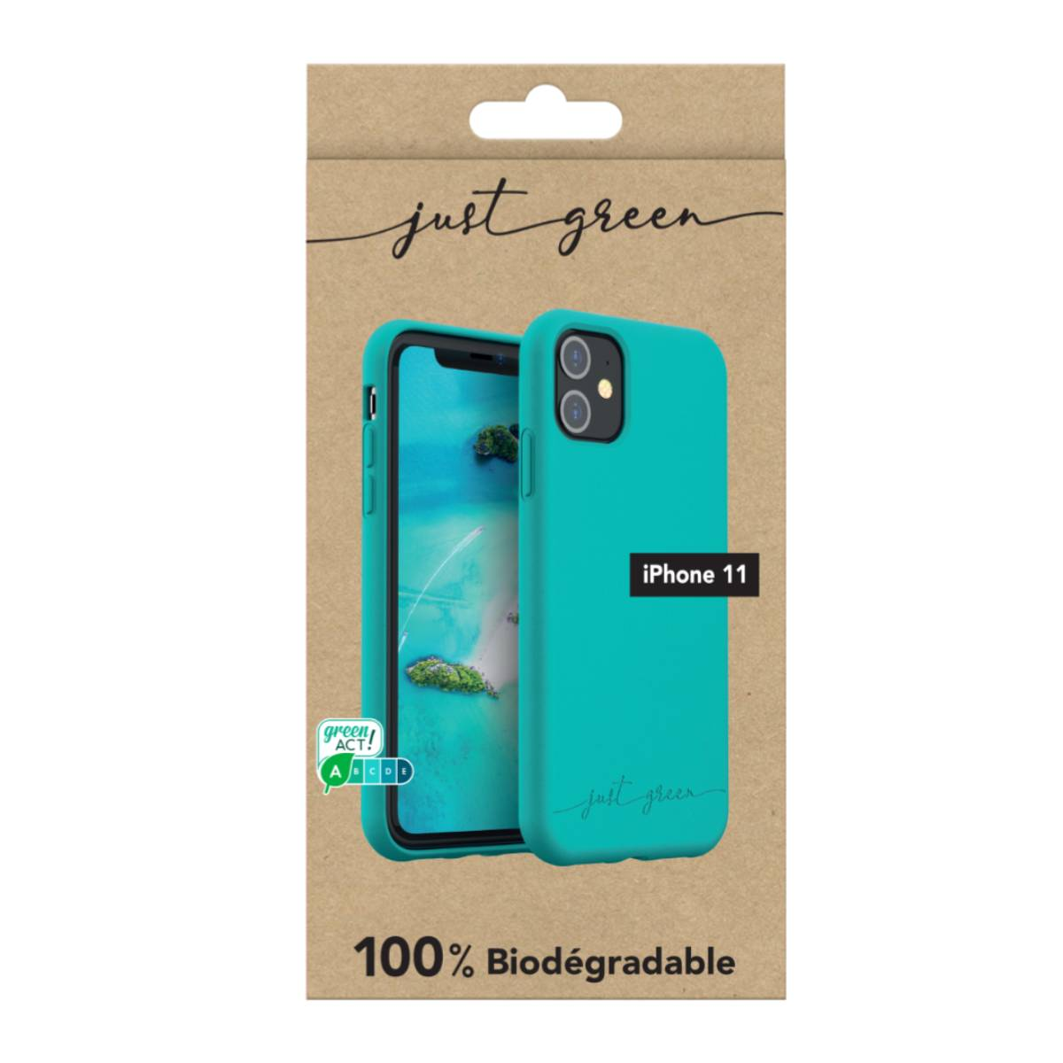 Scatola custodia telefono con custodia e telefono verde acqua, con 'just green' e '100% Biodegradable'.