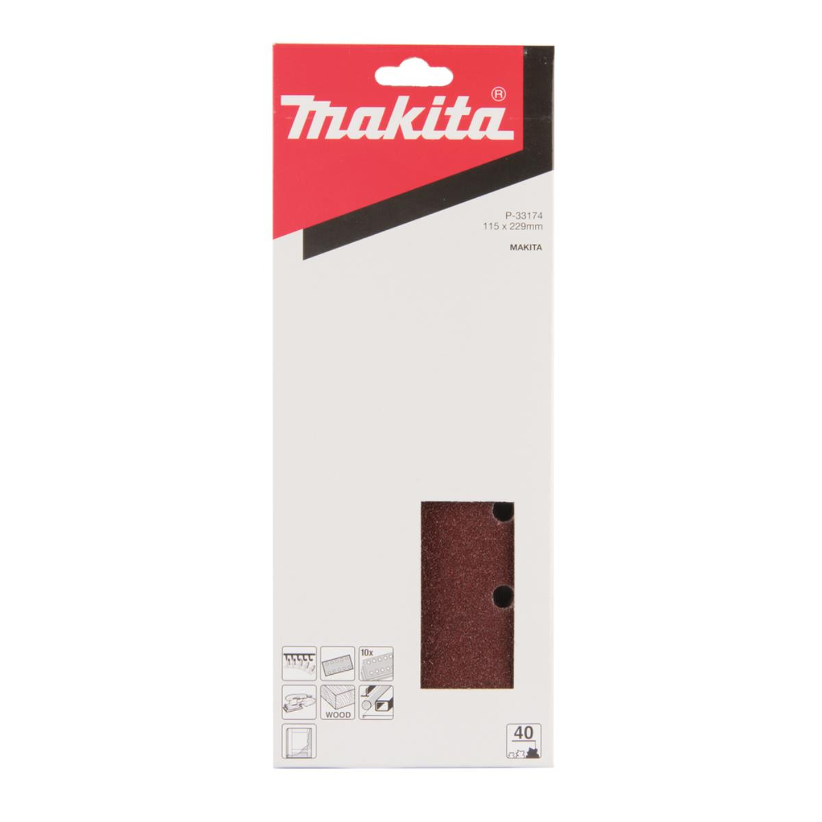Makita Schleifband-Verpackung. Die Verpackung ist weiß mit roten Akzenten und enthält ein braunes Schleifband. Text und Logo sind sichtbar.