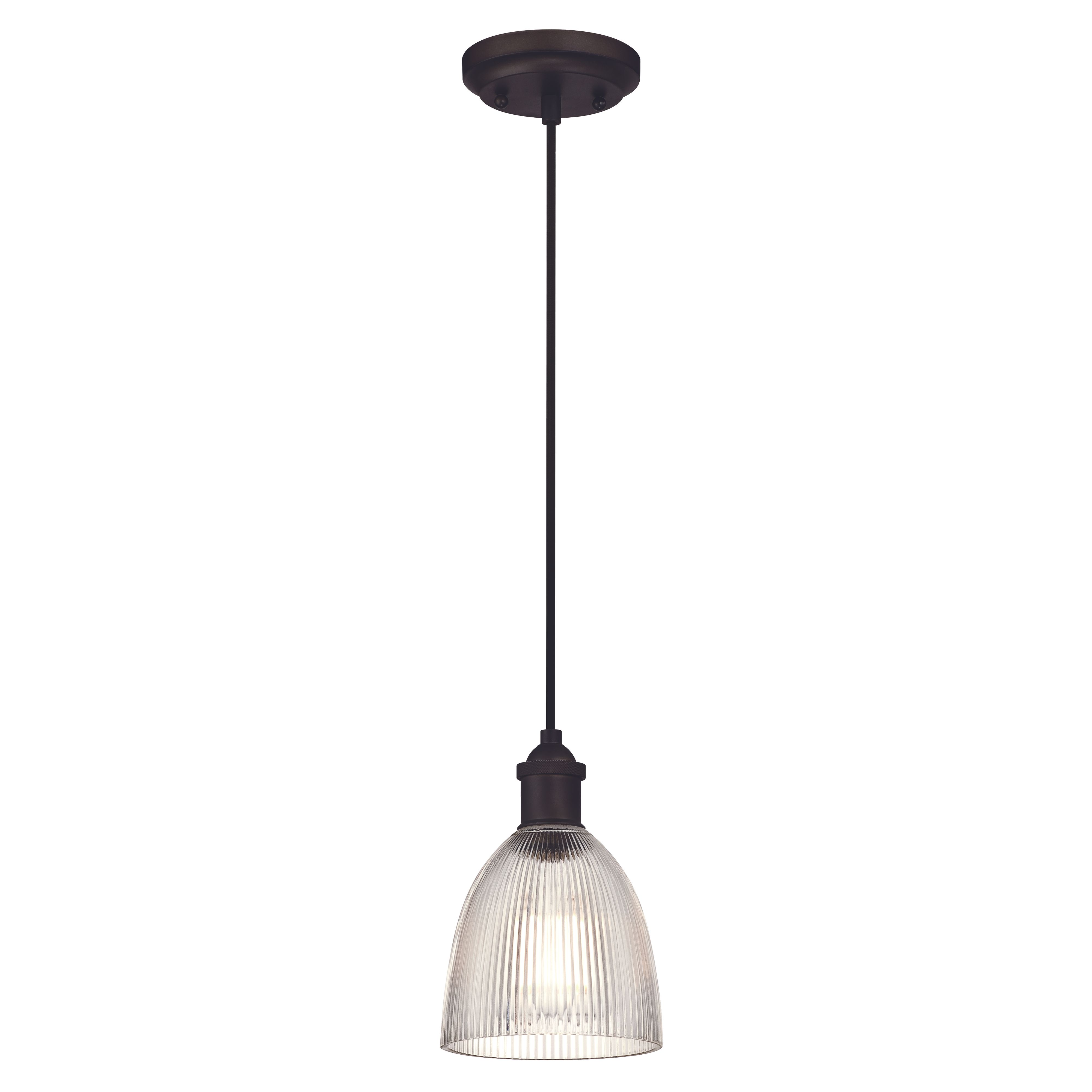 Eine Pendelleuchte mit klarem, geripptem Glasschirm und dunkler Bronzefinish.