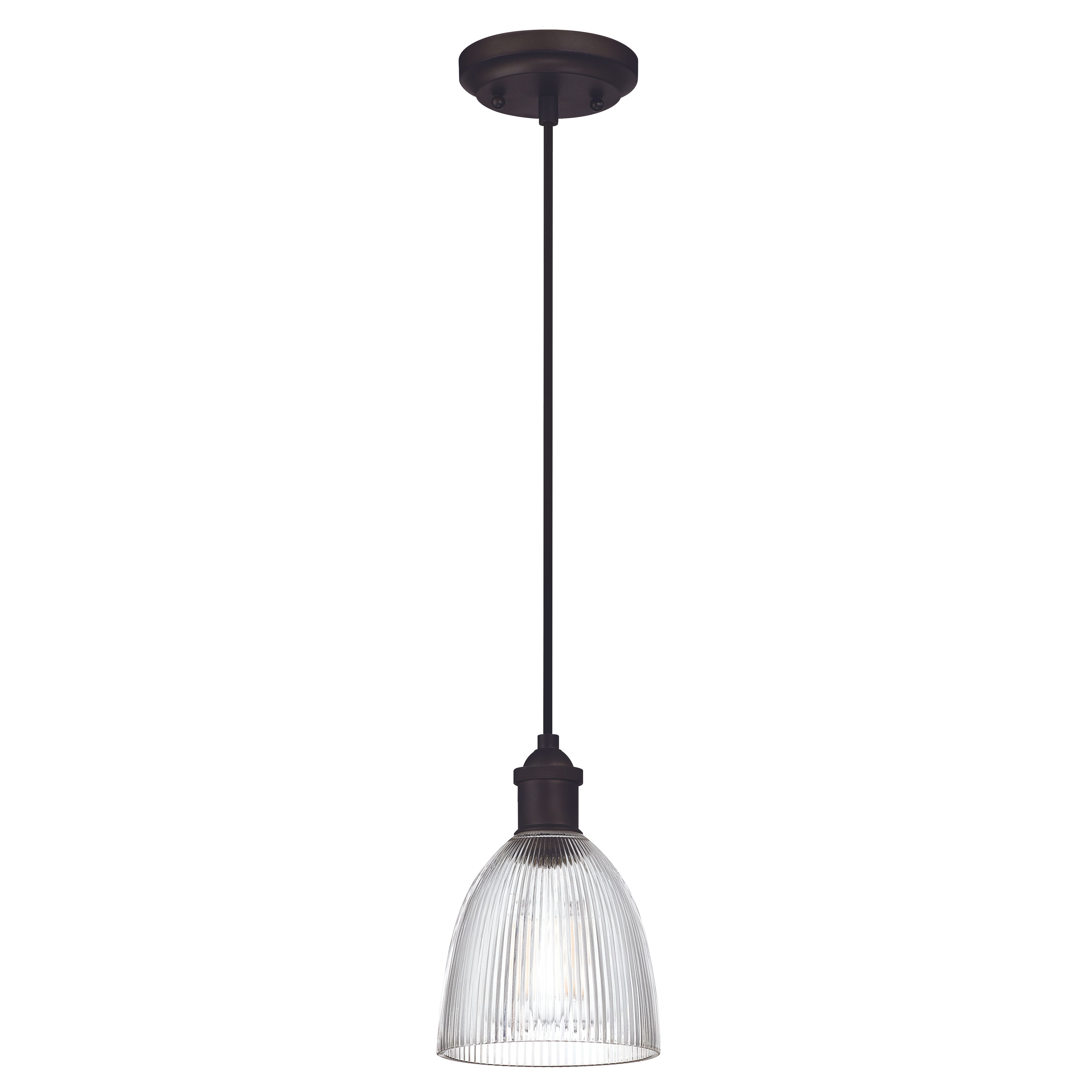 Pendelleuchte mit klarem, geripptem Glasschirm, dunkler Bronzefinish und schwarzem Kabel.